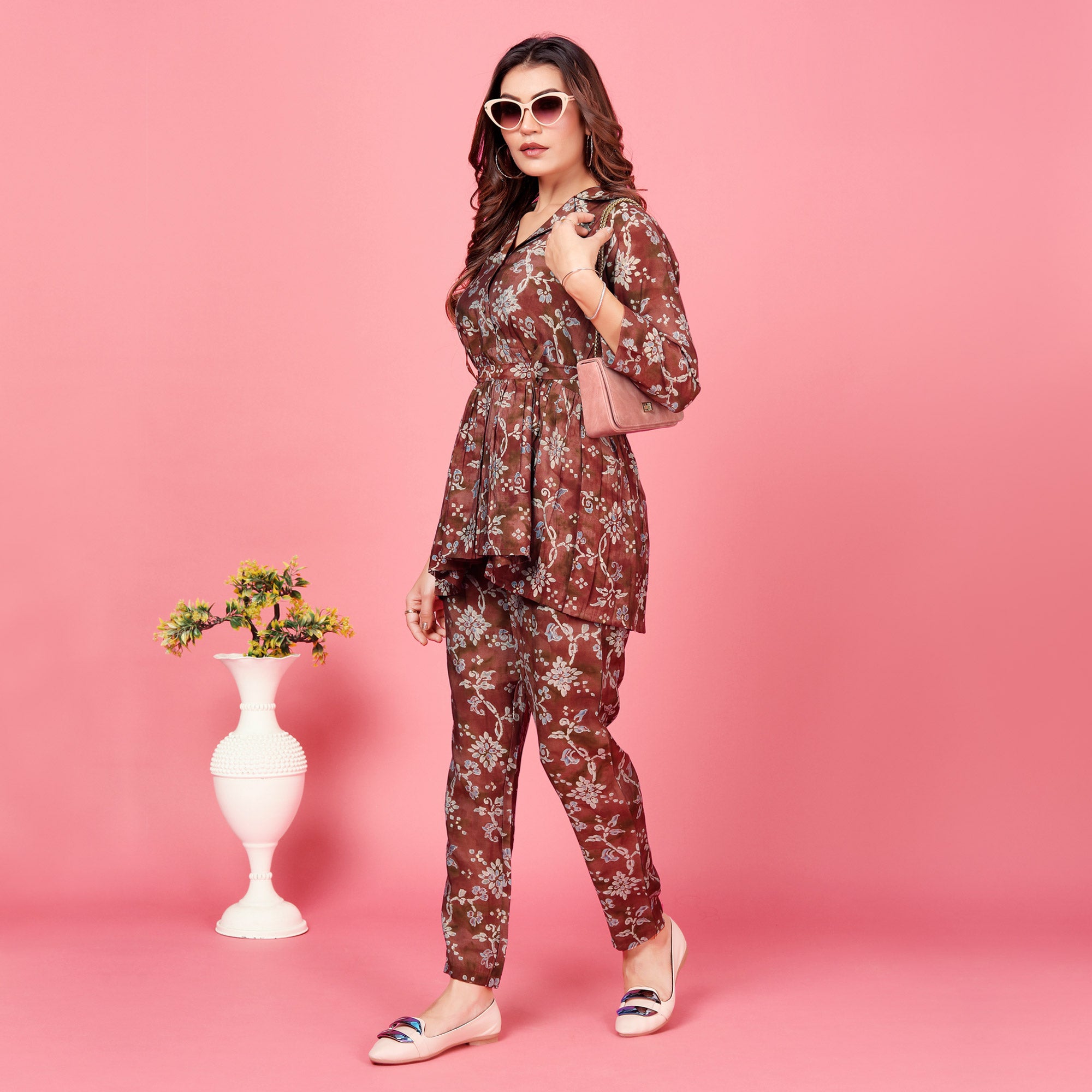 Brown Floral Printed Chanderi Co Ord Set