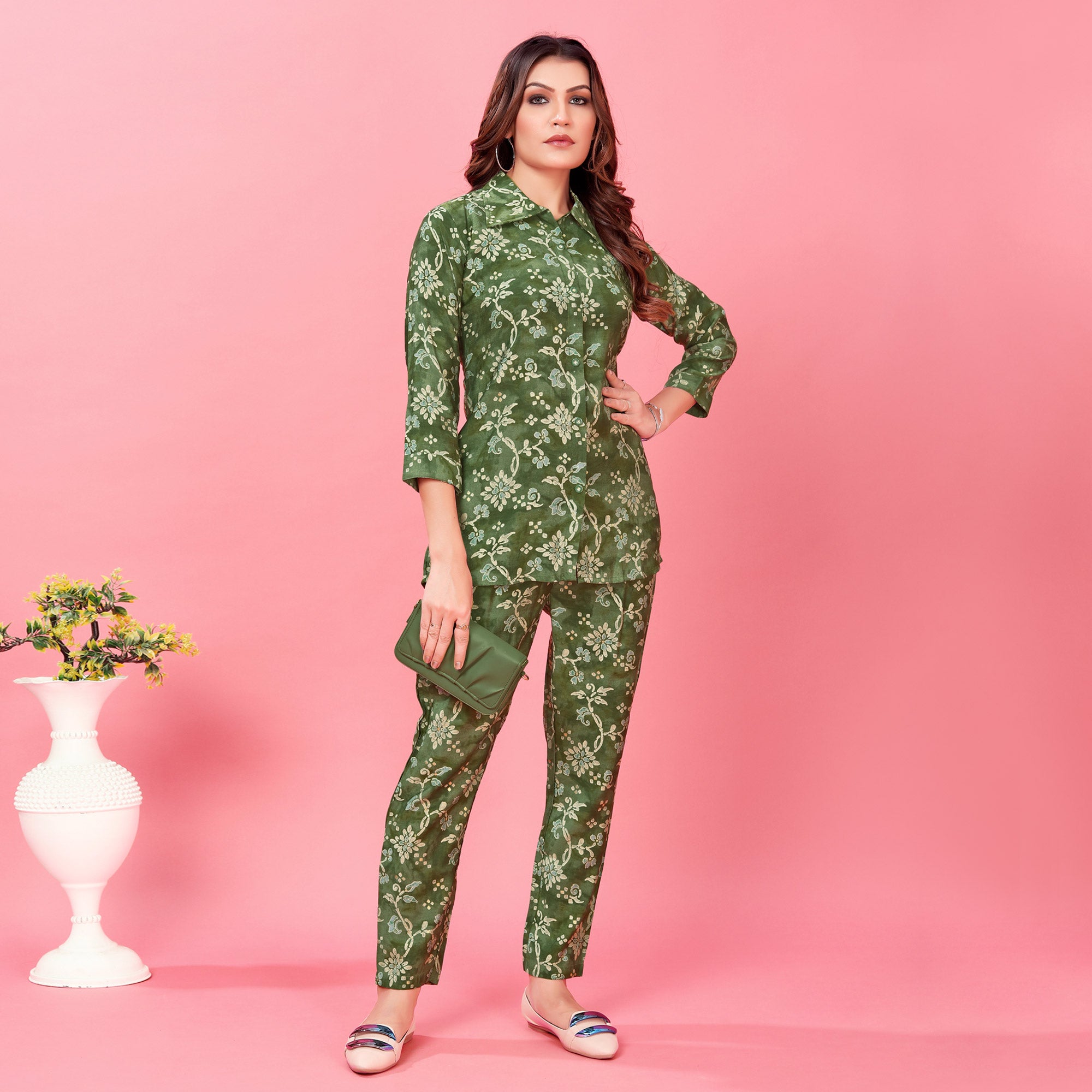 Bottle Green Floral Printed Chanderi Co Ord Set