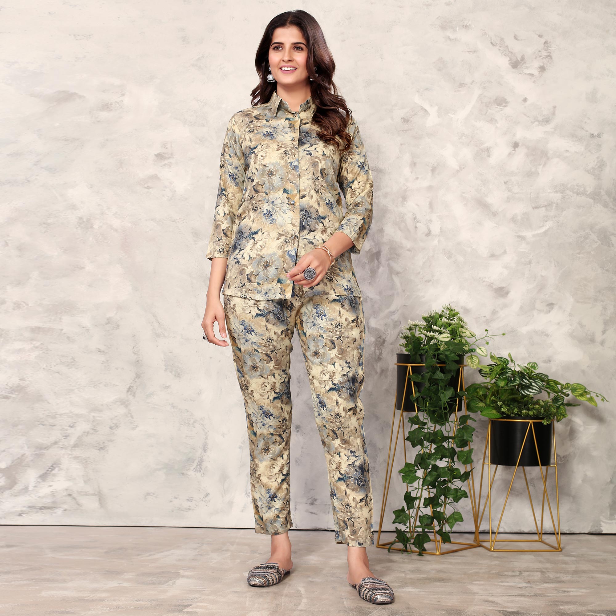 Beige & Grey Floral Printed Rayon Co Ord Set