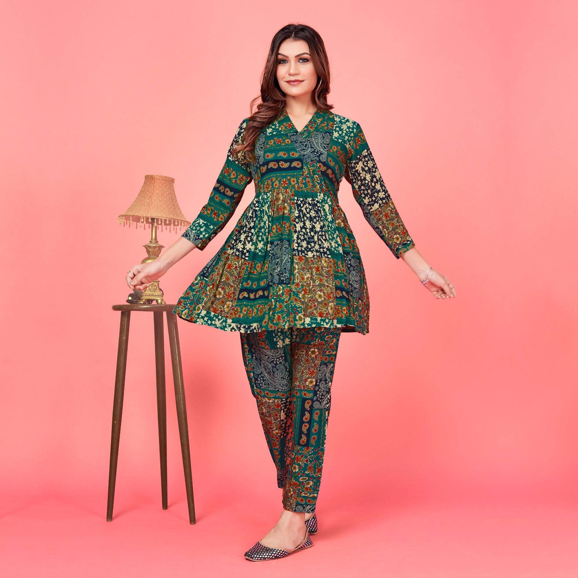 Rama Green Floral Printed Rayon Co Ord Set