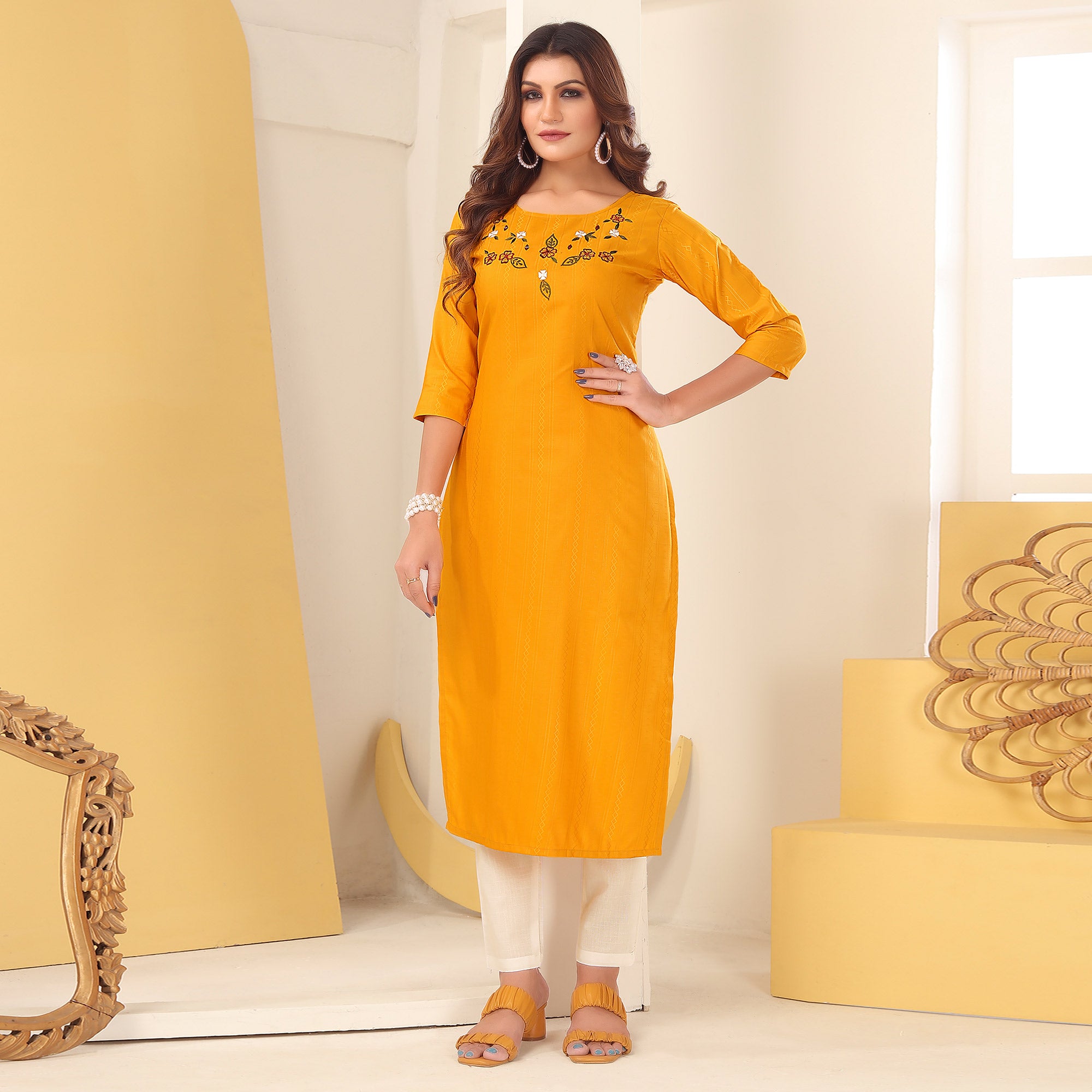 Yellow Floral Embroidered Art Silk Kurti