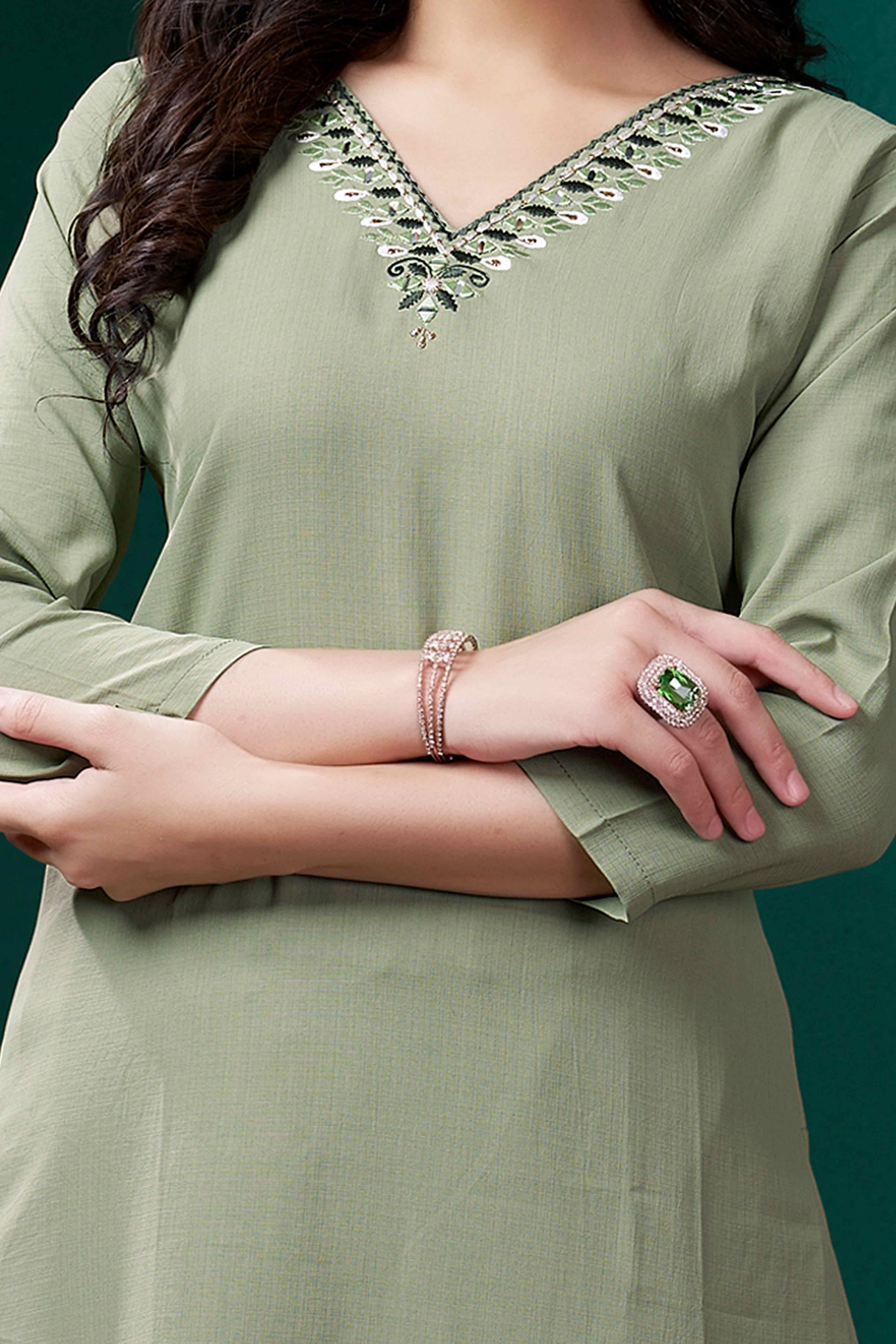 Green Yoke Embroidered Pure Cotton Straight Kurti