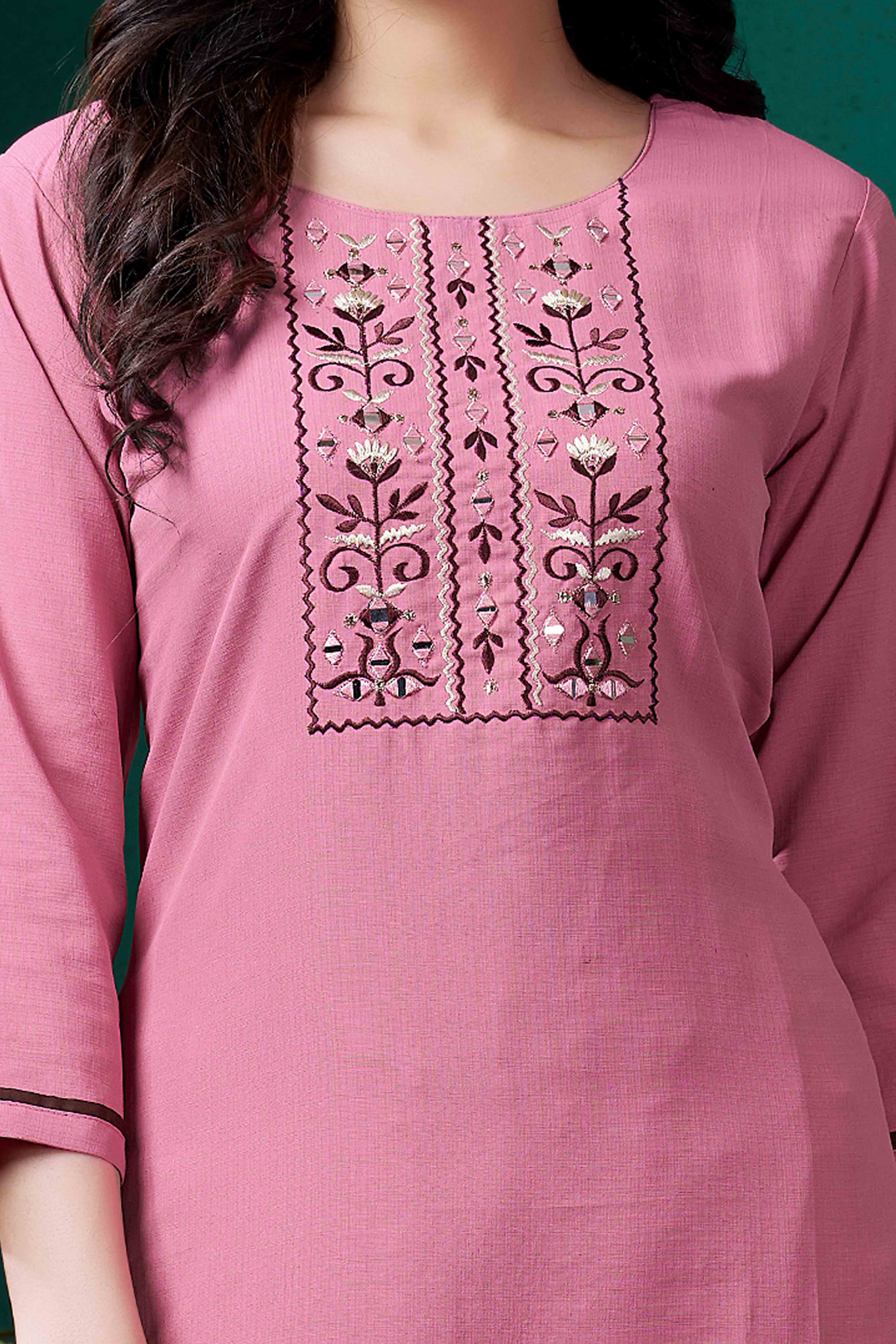 Pink Yoke Embroidered Pure Cotton Straight Kurti