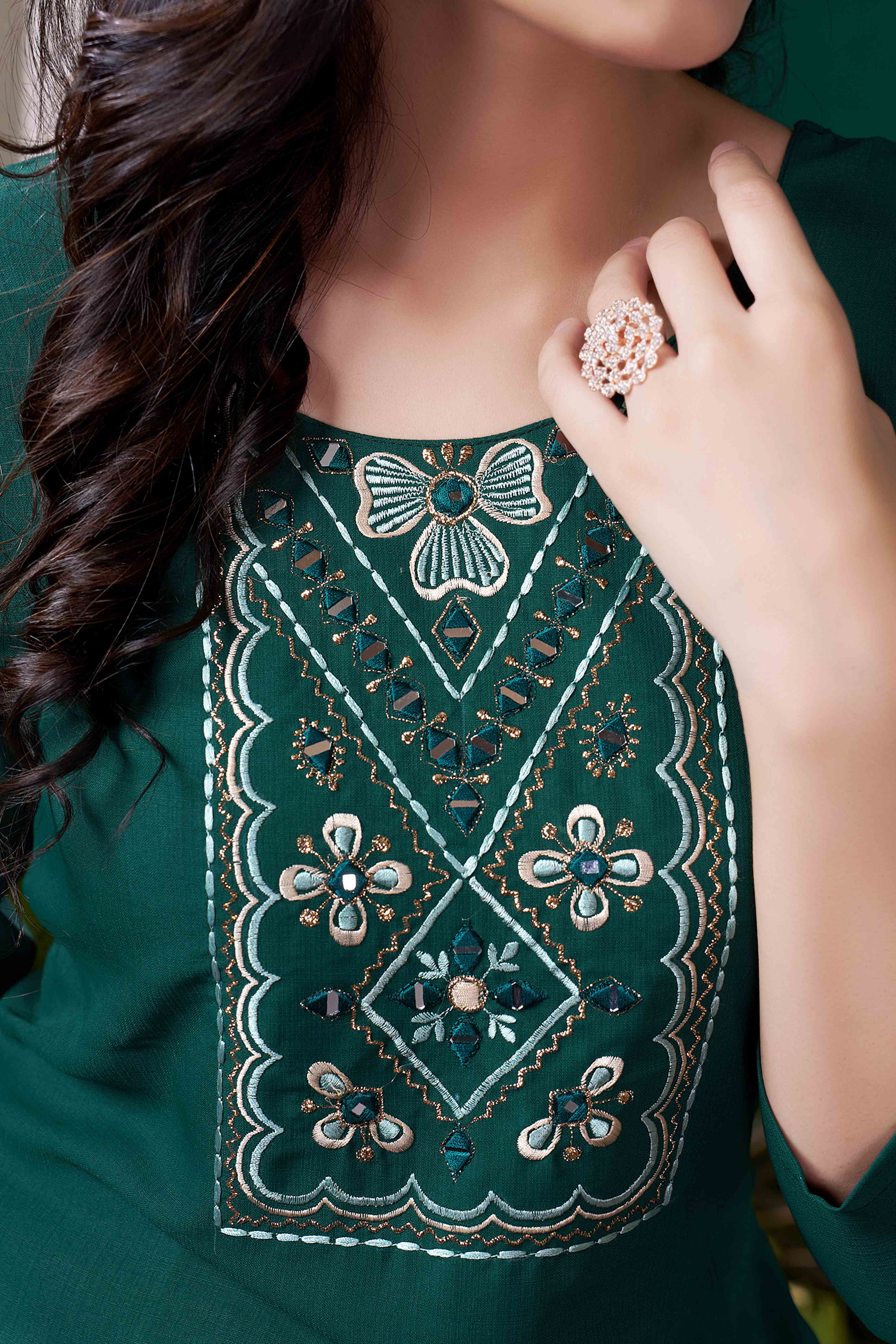 Green Yoke Embroidered Pure Cotton Straight Kurti