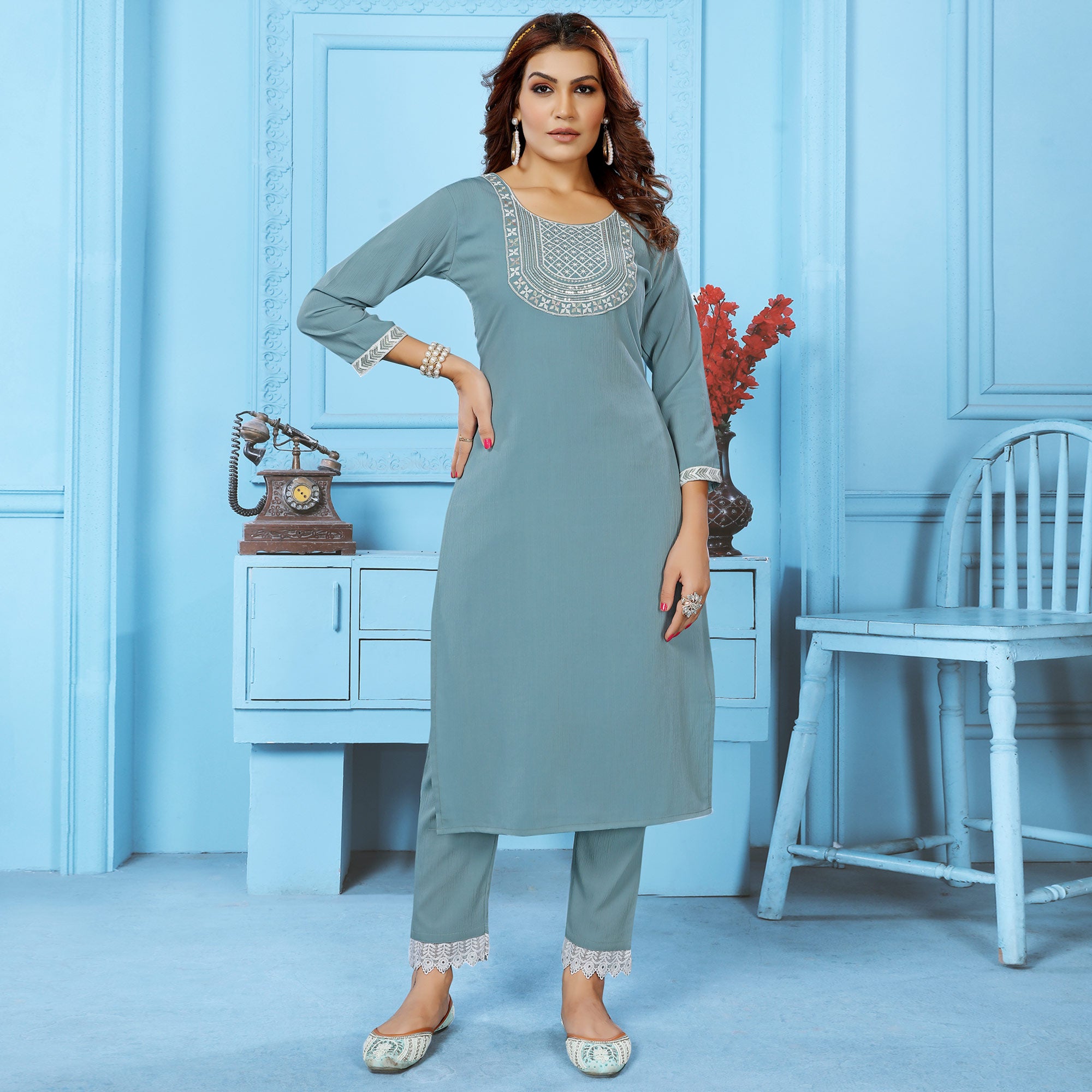 Grey Sequins Embroidered Cotton Blend Kurti Pant Set