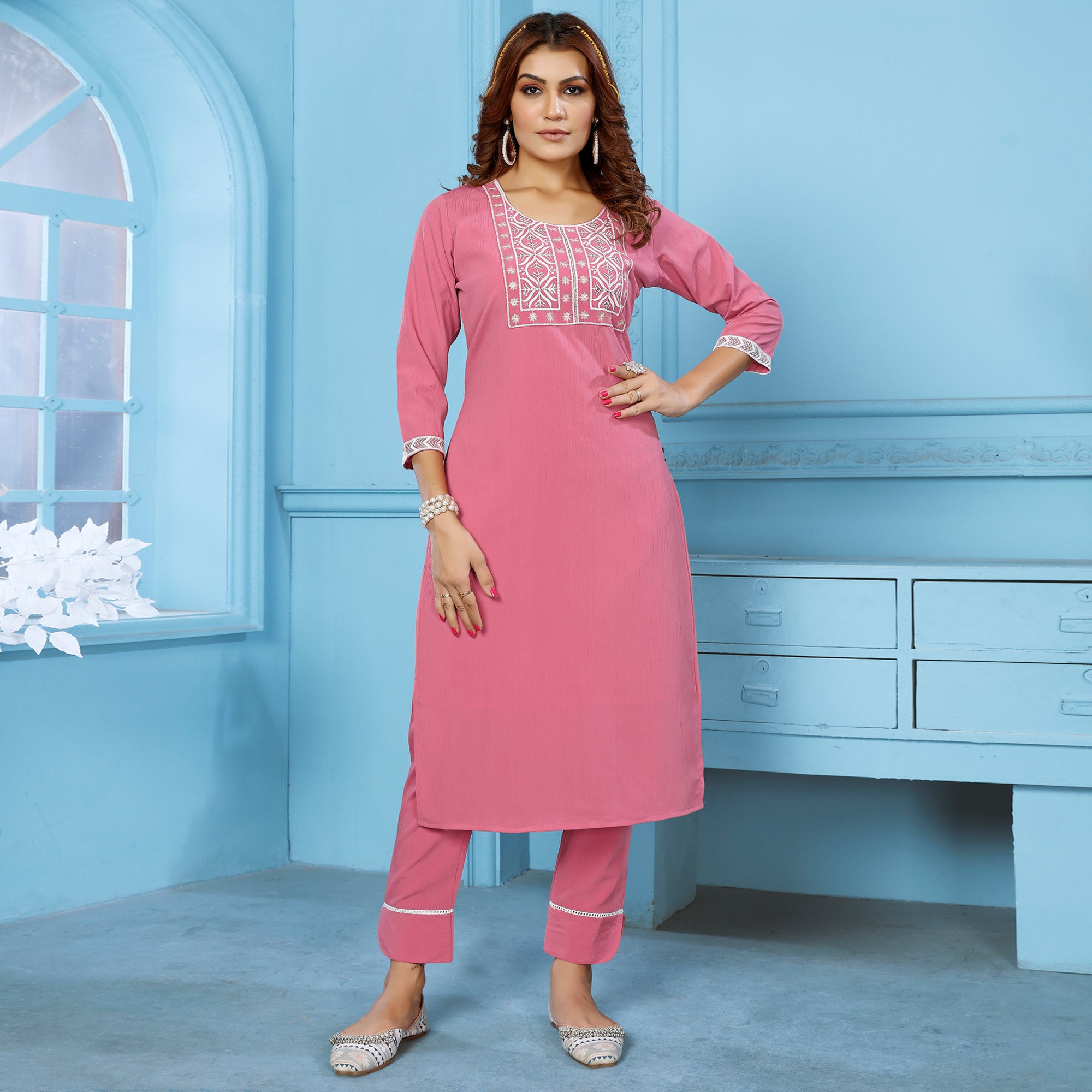 Pink Sequins Embroidered Cotton Blend Kurti Pant Set