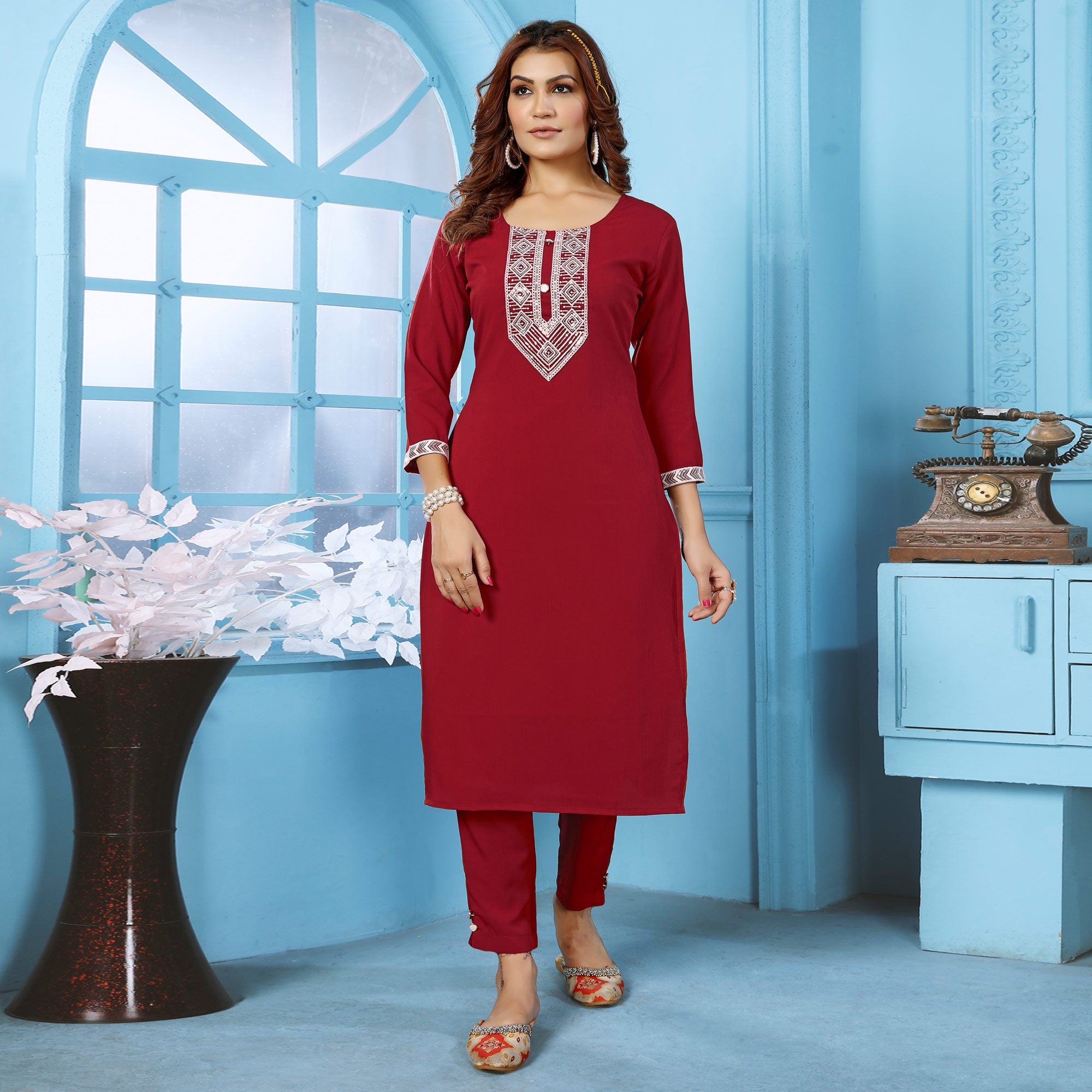 Red Sequins Embroidered Cotton Blend Kurti Pant Set
