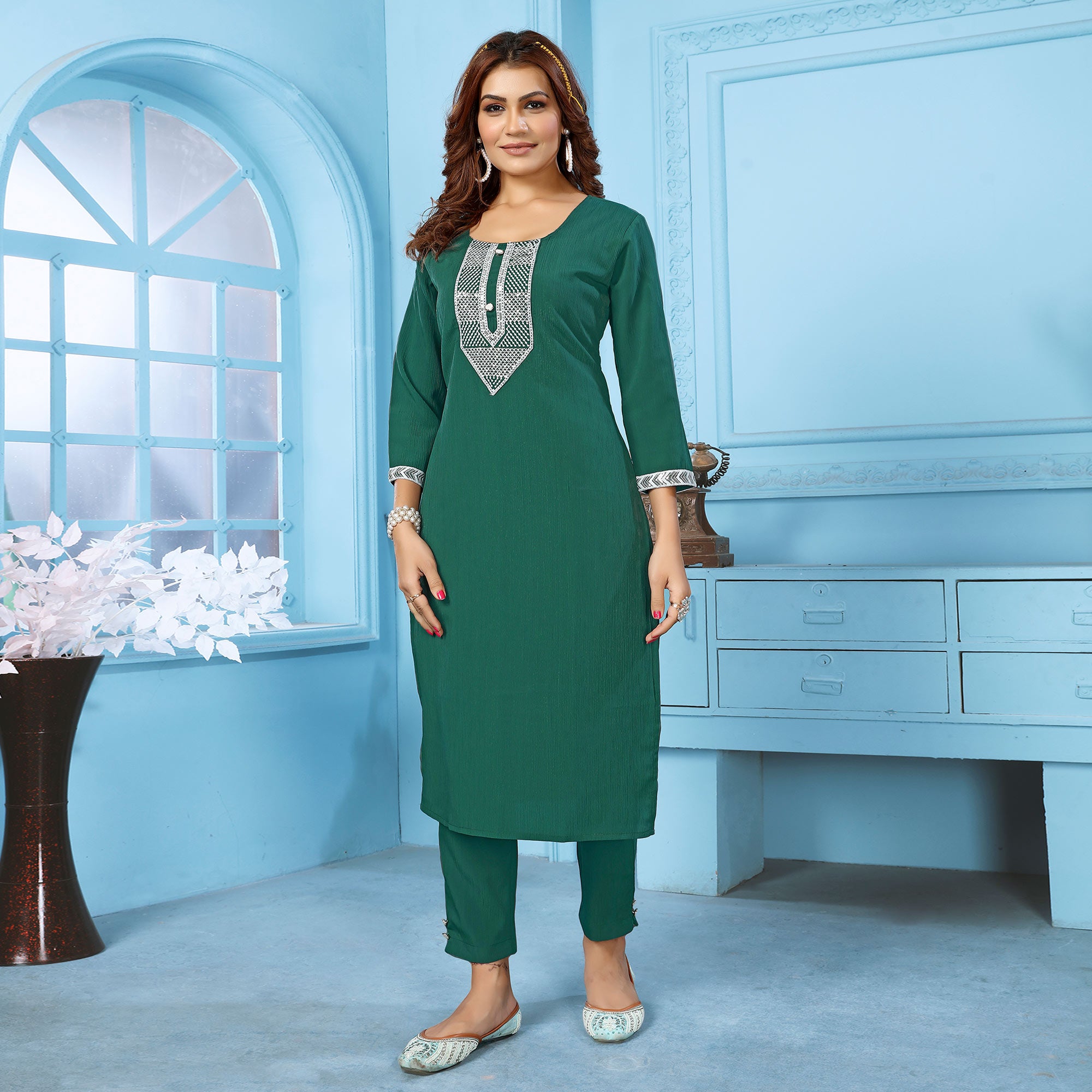 Green Sequins Embroidered Cotton Blend Kurti Pant Set