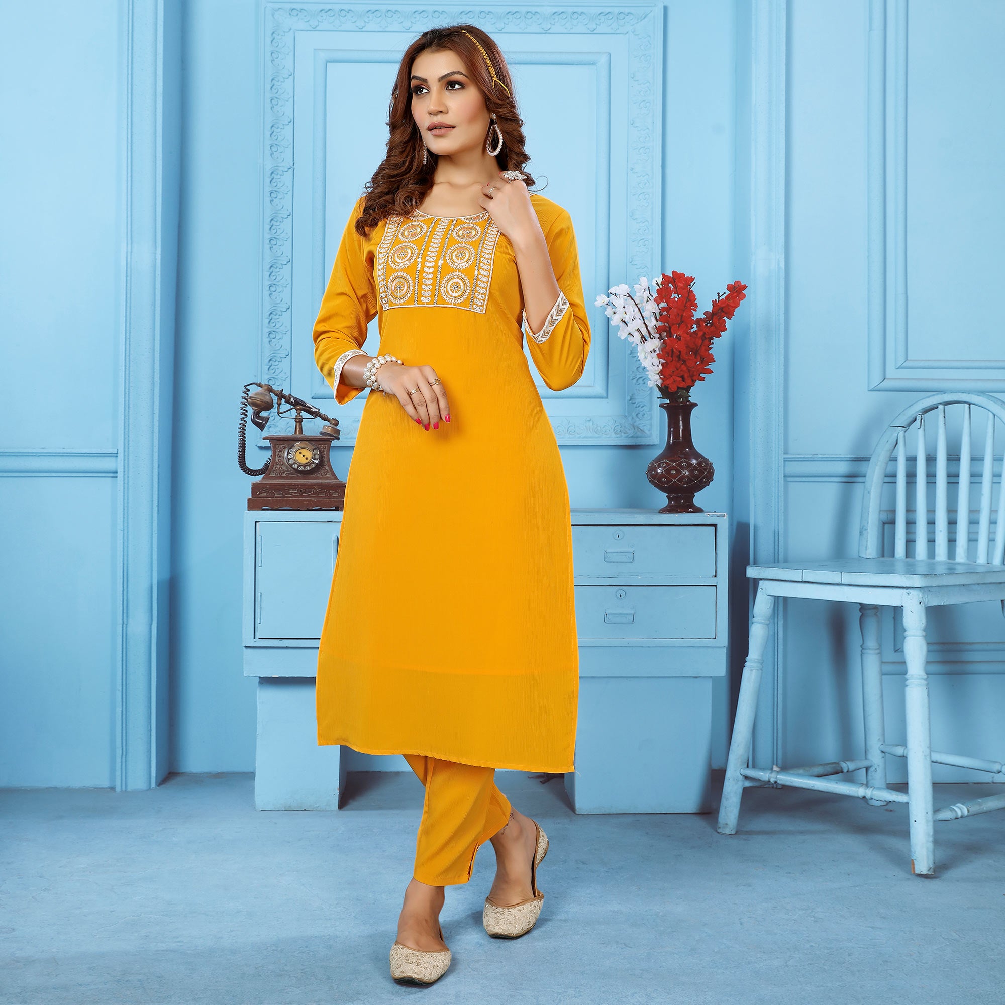 Yellow Sequins Embroidered Cotton Blend Kurti Pant Set