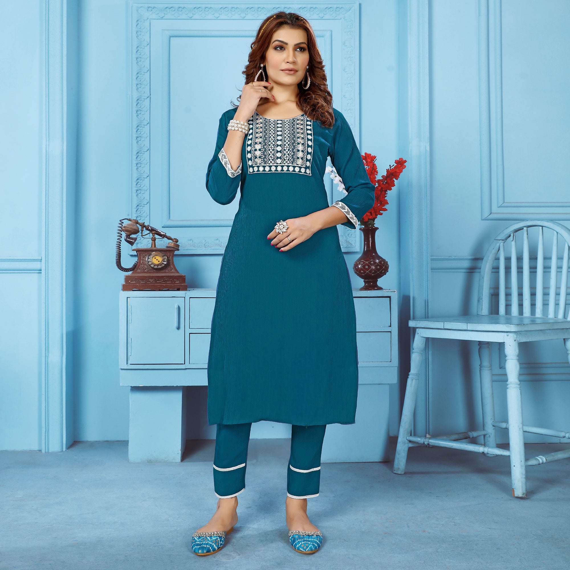 Morpich Sequins Embroidered Cotton Blend Kurti Pant Set