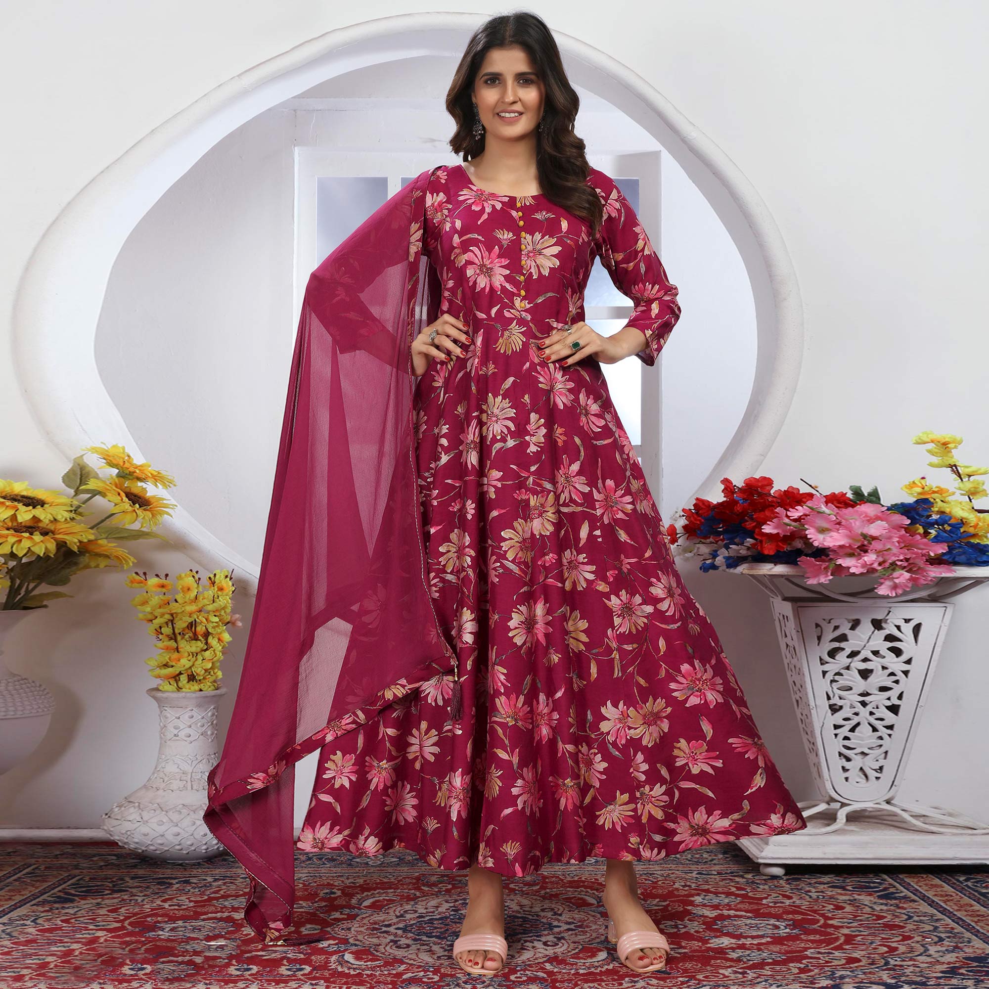 Pink Floral Foil Printed Chanderi Long Kurti