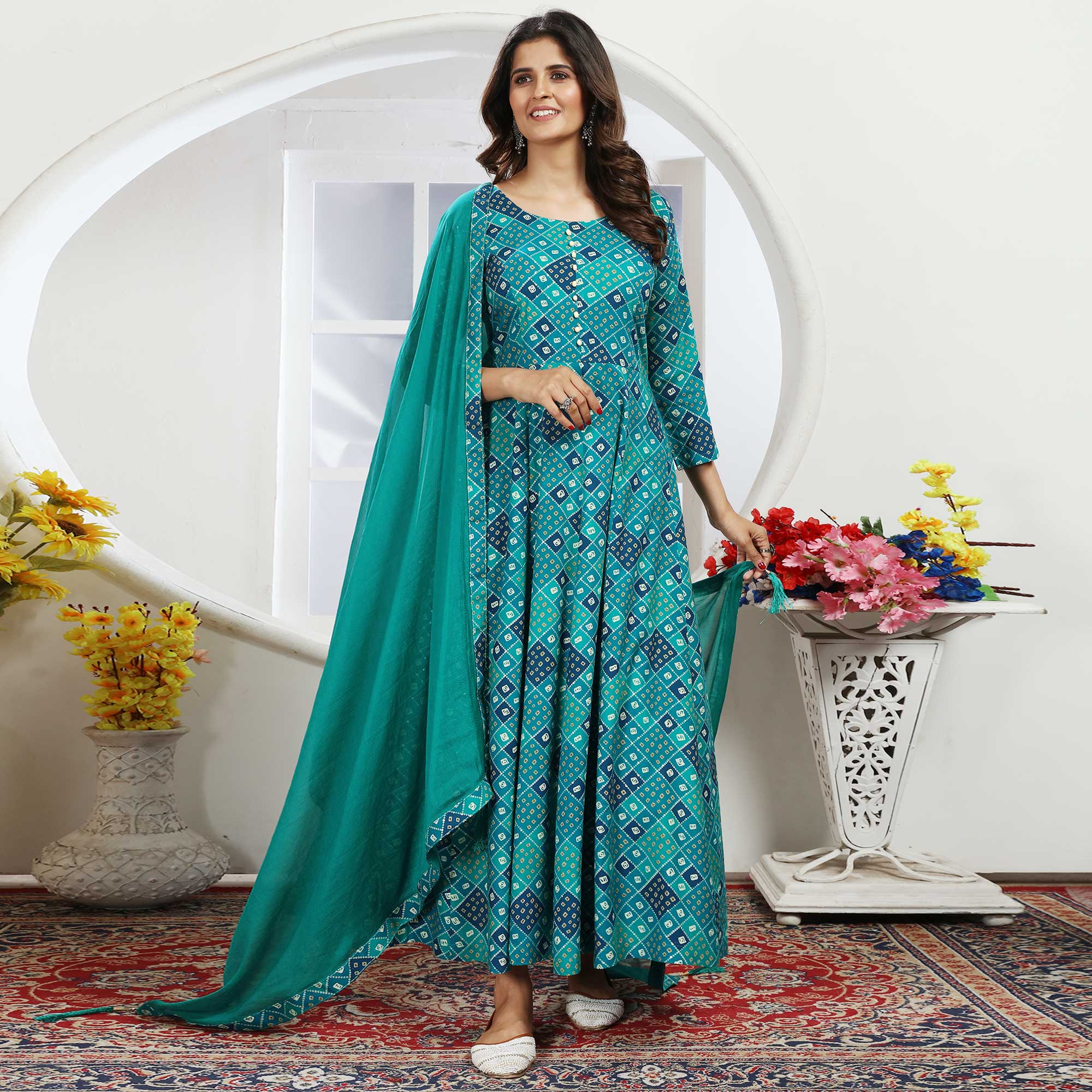 Turquoise Bandhani Foil Printed Rayon Long Kurti