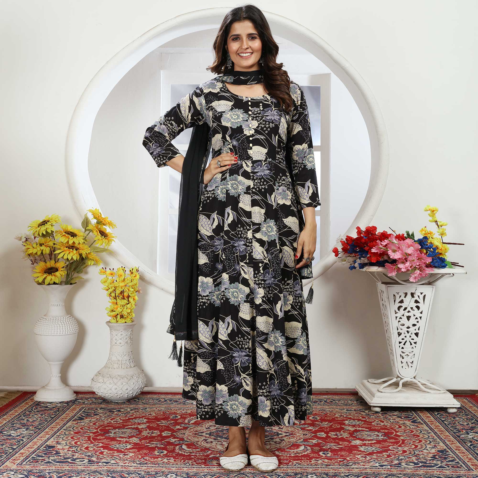 Black Floral Foil Printed Rayon Long Kurti