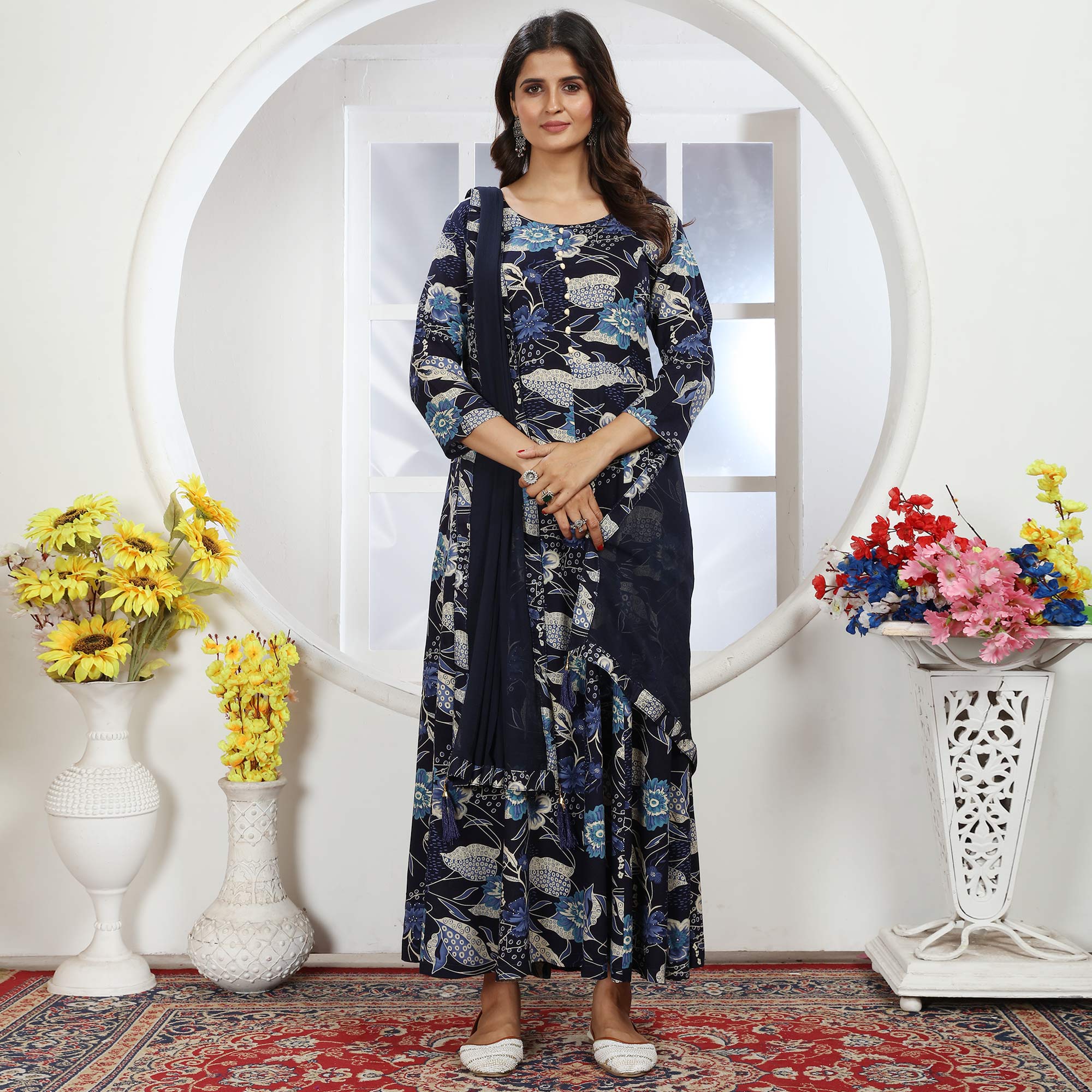 Navy Blue Floral Foil Printed Rayon Long Kurti