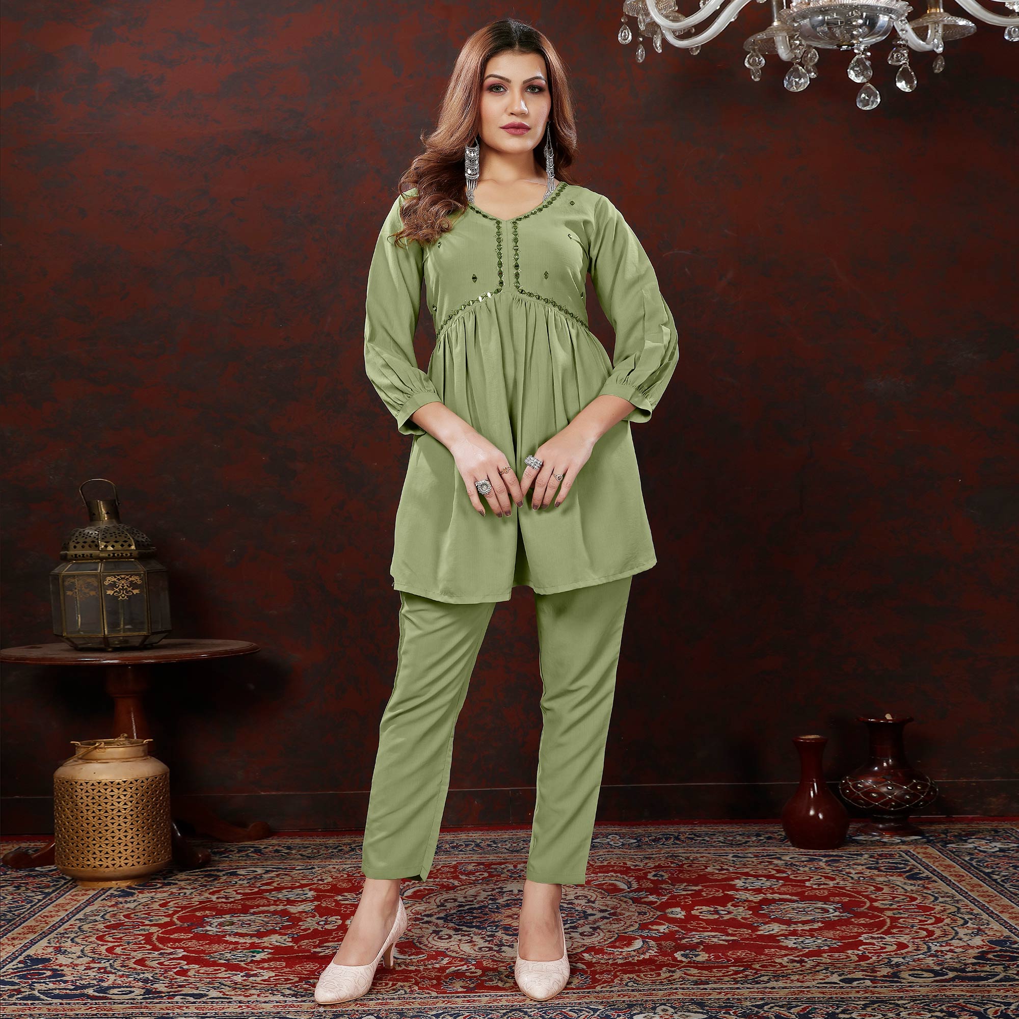 Green Embroidered Cotton Blend Co Ord Set