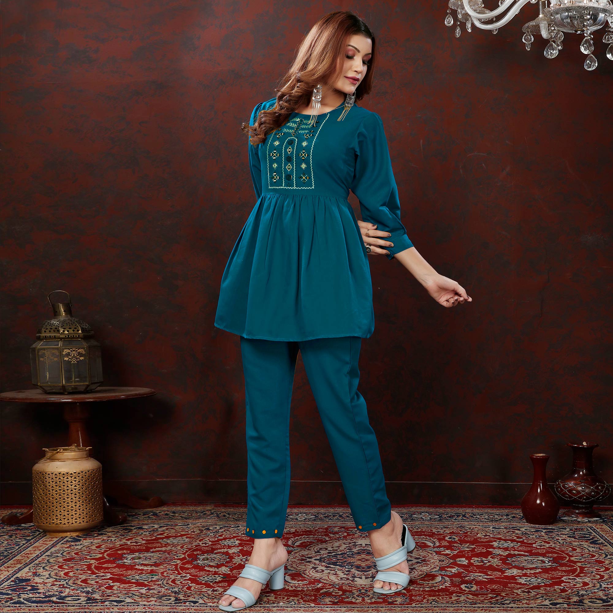 Teal Blue Embroidered Cotton Blend Co Ord Set