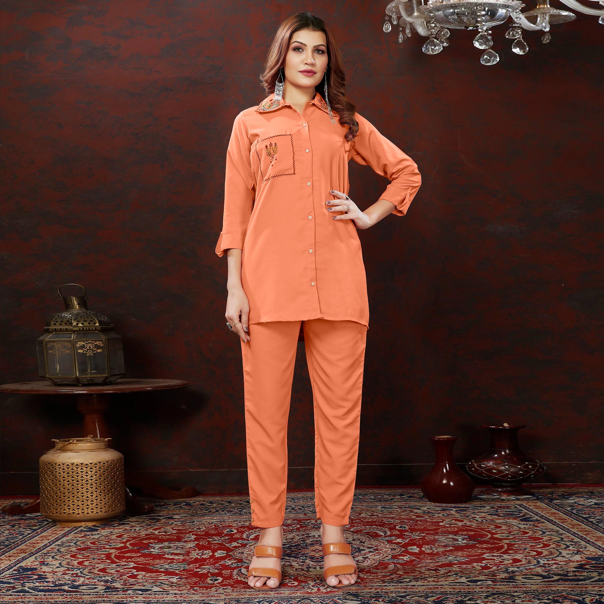 Peach Embroidered Cotton Blend Co Ord Set