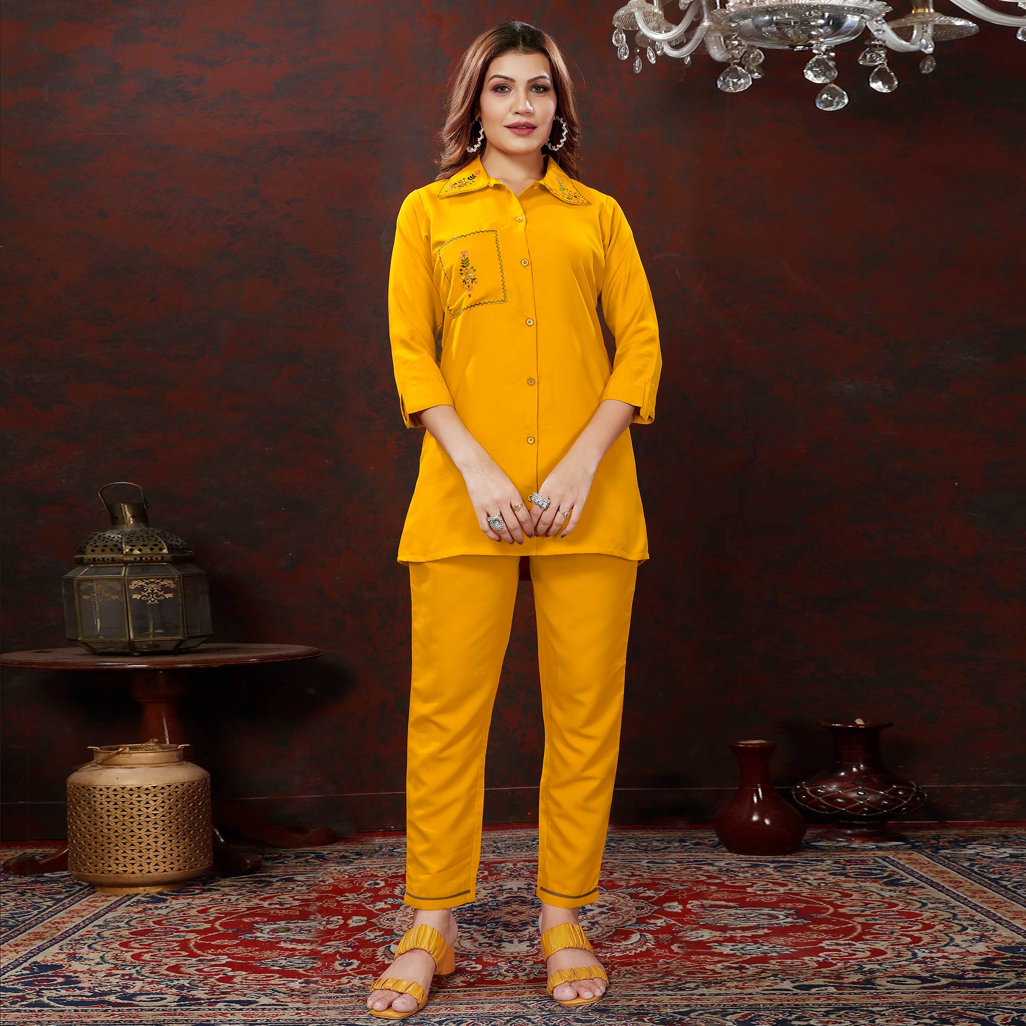 Yellow Embroidered Cotton Blend Co Ord Set