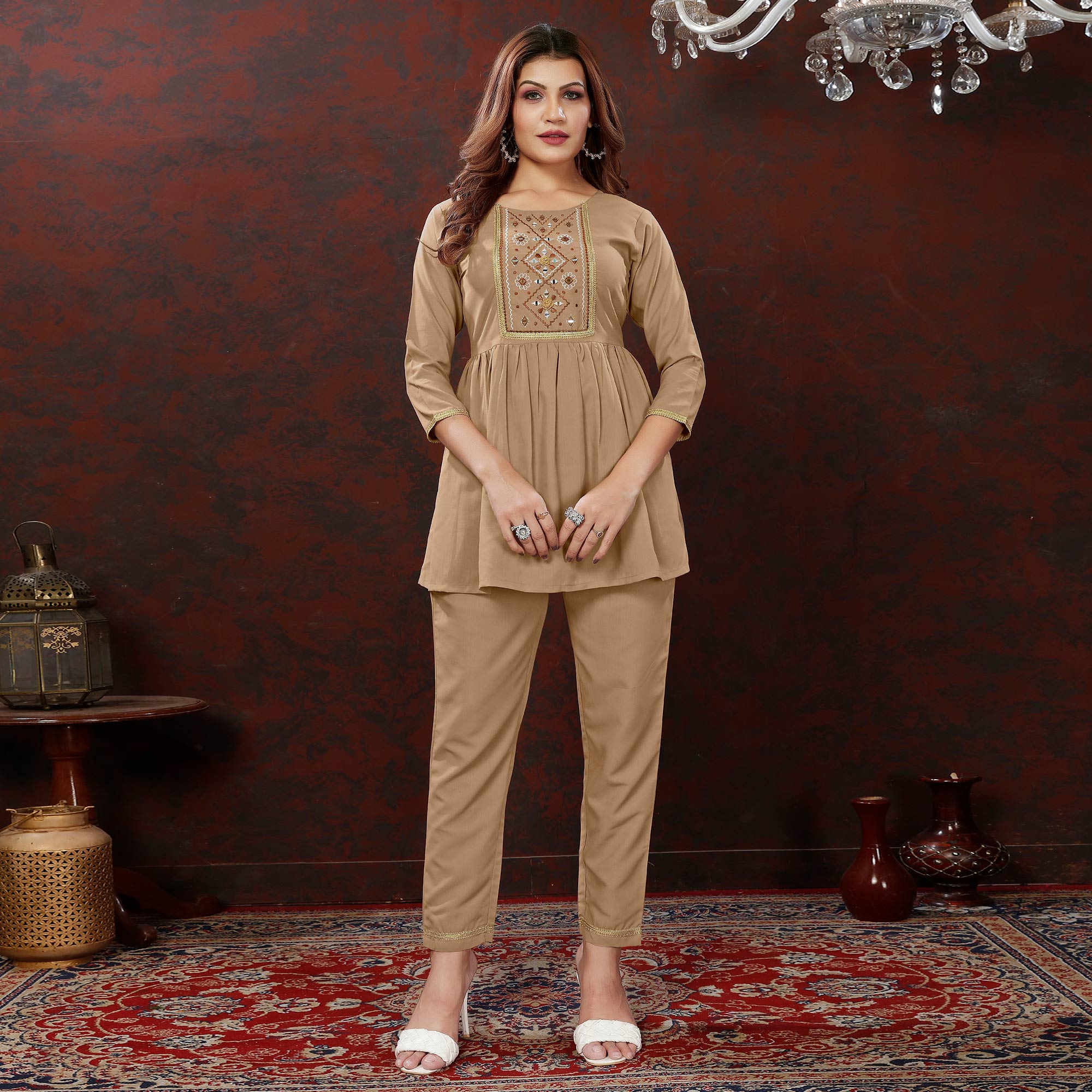 Beige Embroidered Cotton Blend Co Ord Set