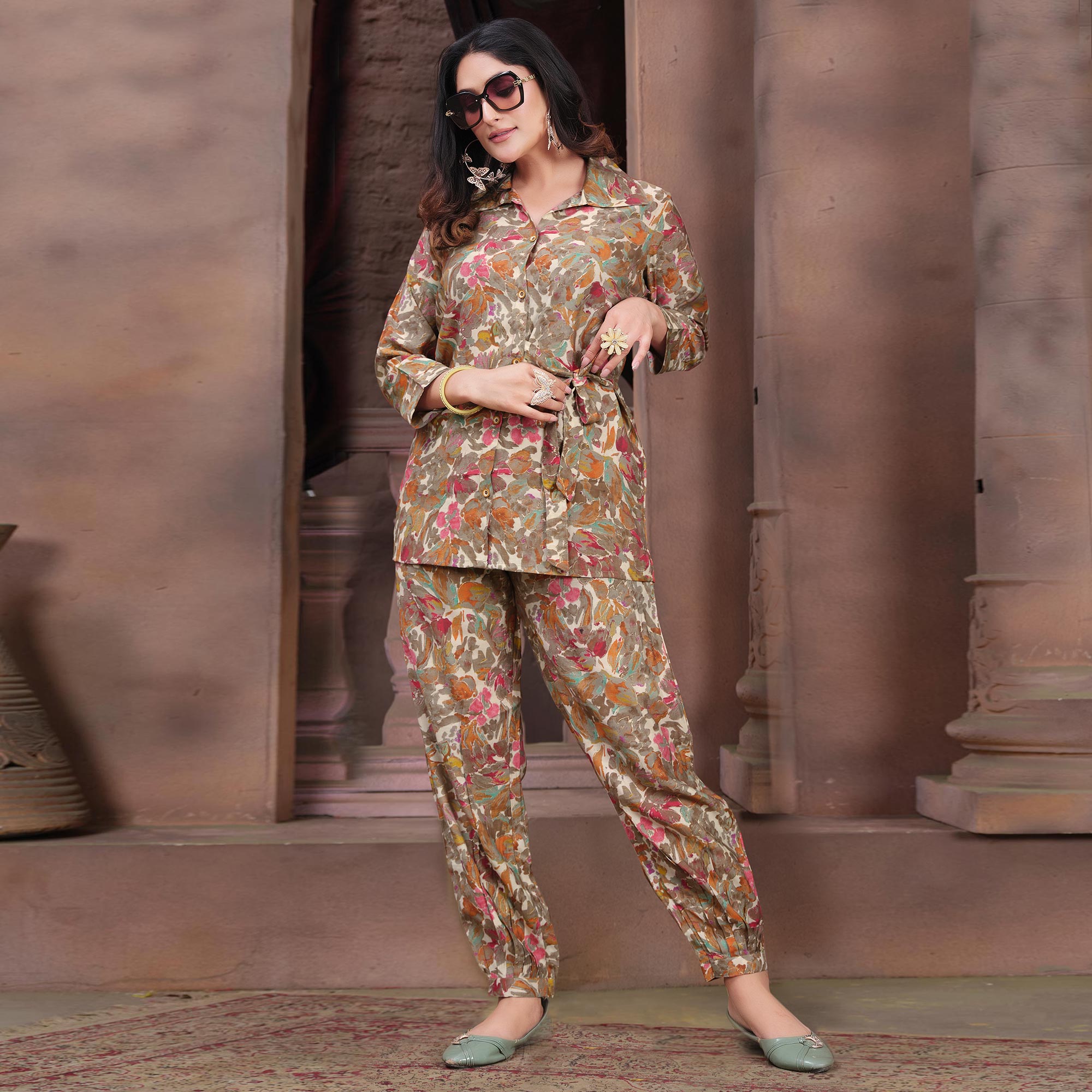 Brown Floral Printed Chanderi Co Ord Set