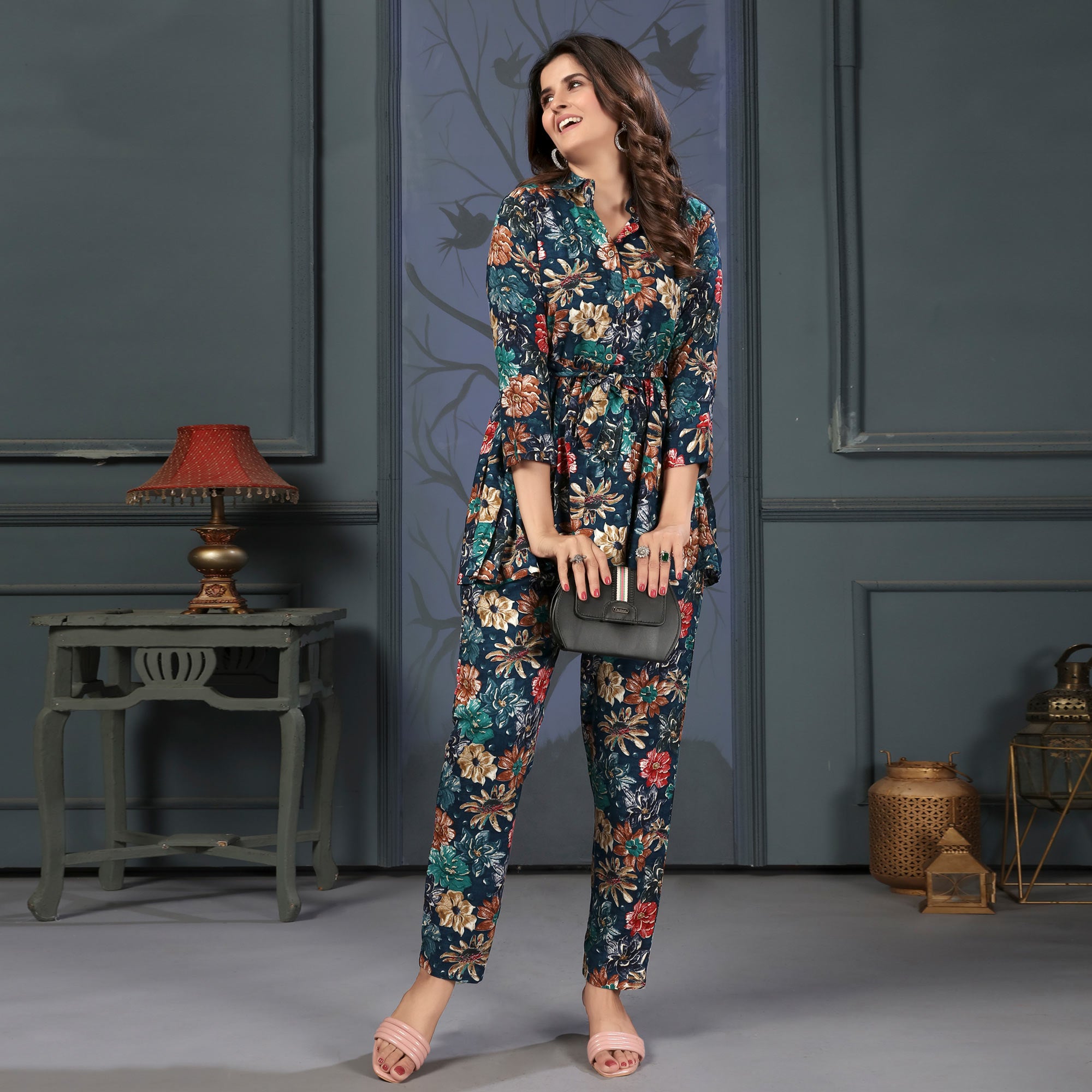 Navy Blue Floral Digital Printed Rayon Co-Ord Set