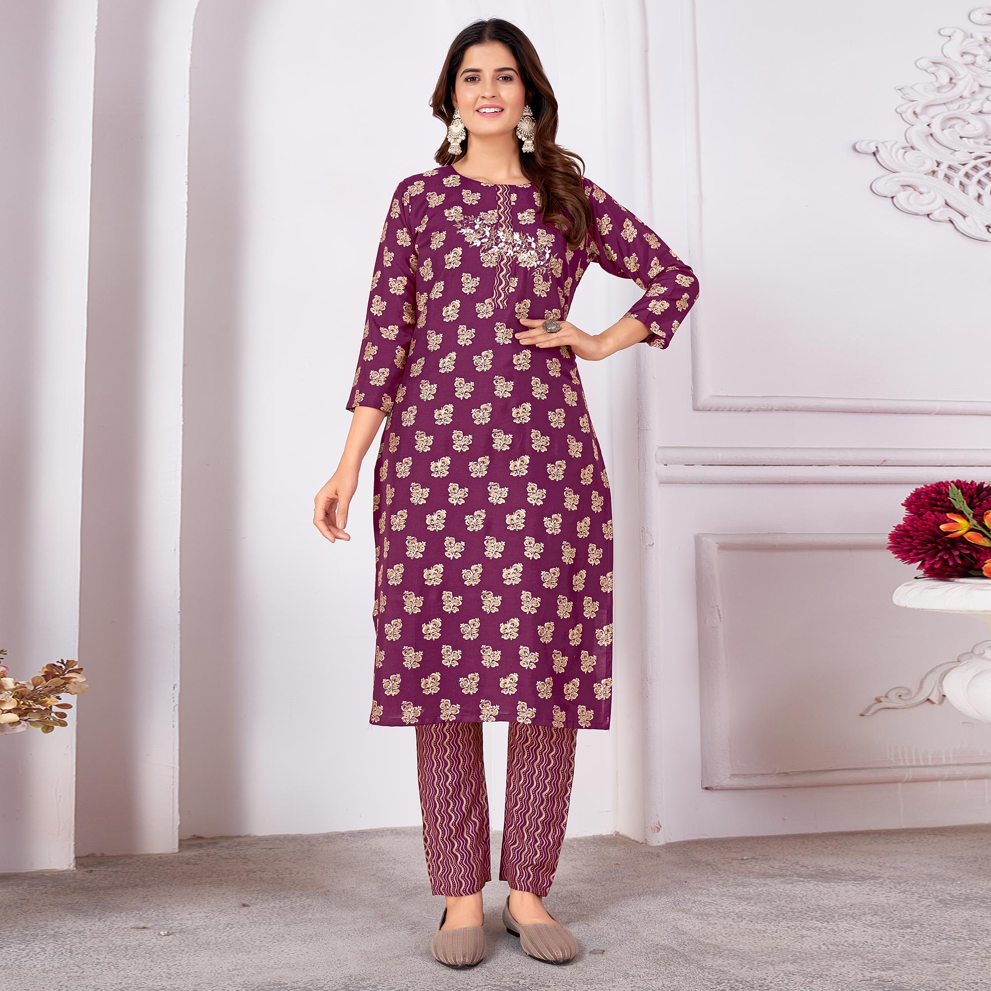 Purple Foil Printed Viscose Straight Kurti Sets