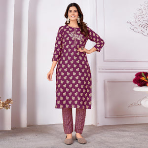 Purple Foil Printed Viscose Straight Kurti Sets