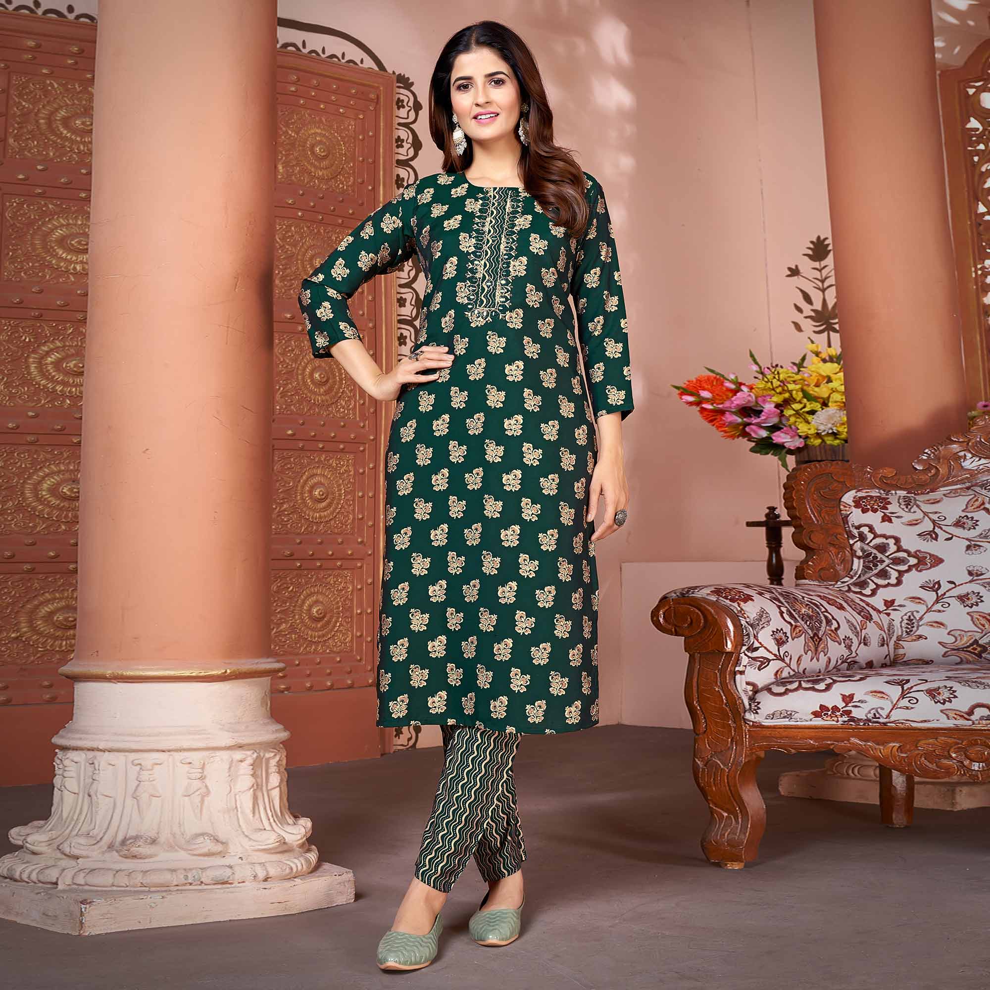 Green Foil Printed Viscose Straight Kurti Sets