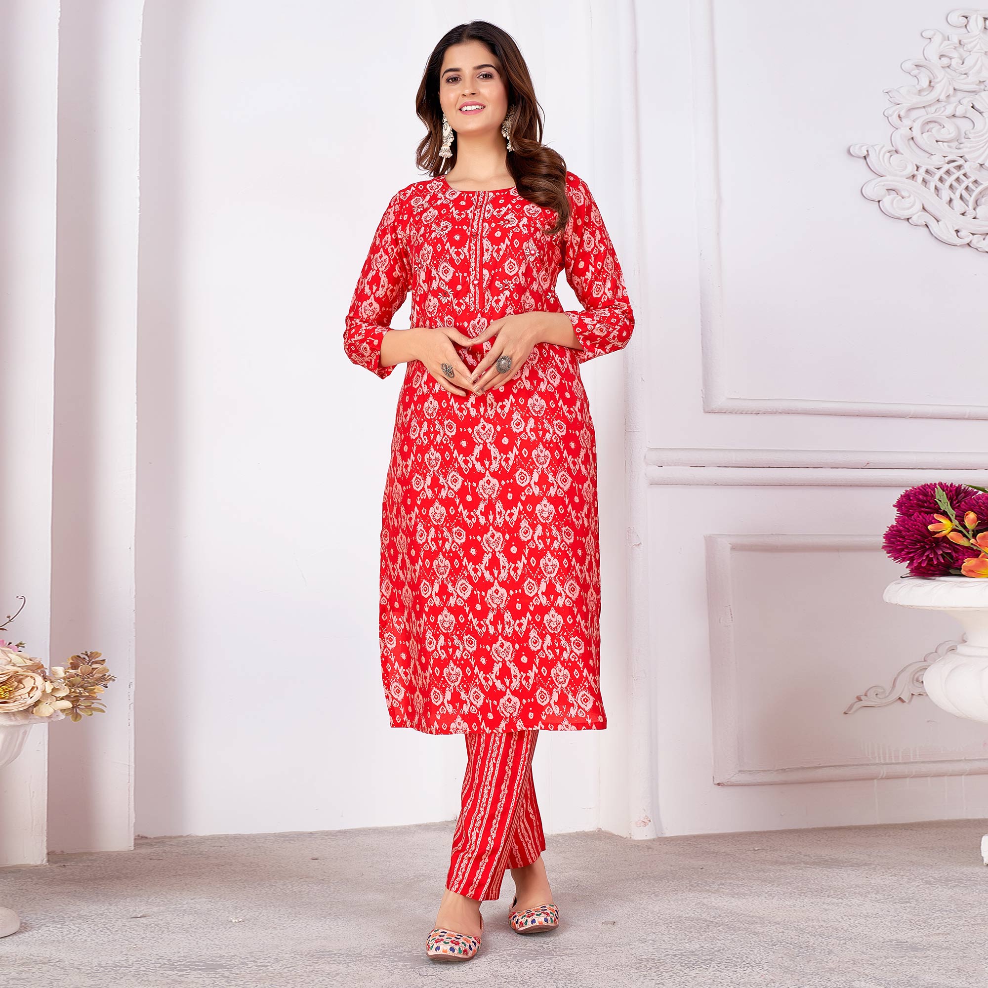 Red Foil Printed Viscose Straight Kurti Sets