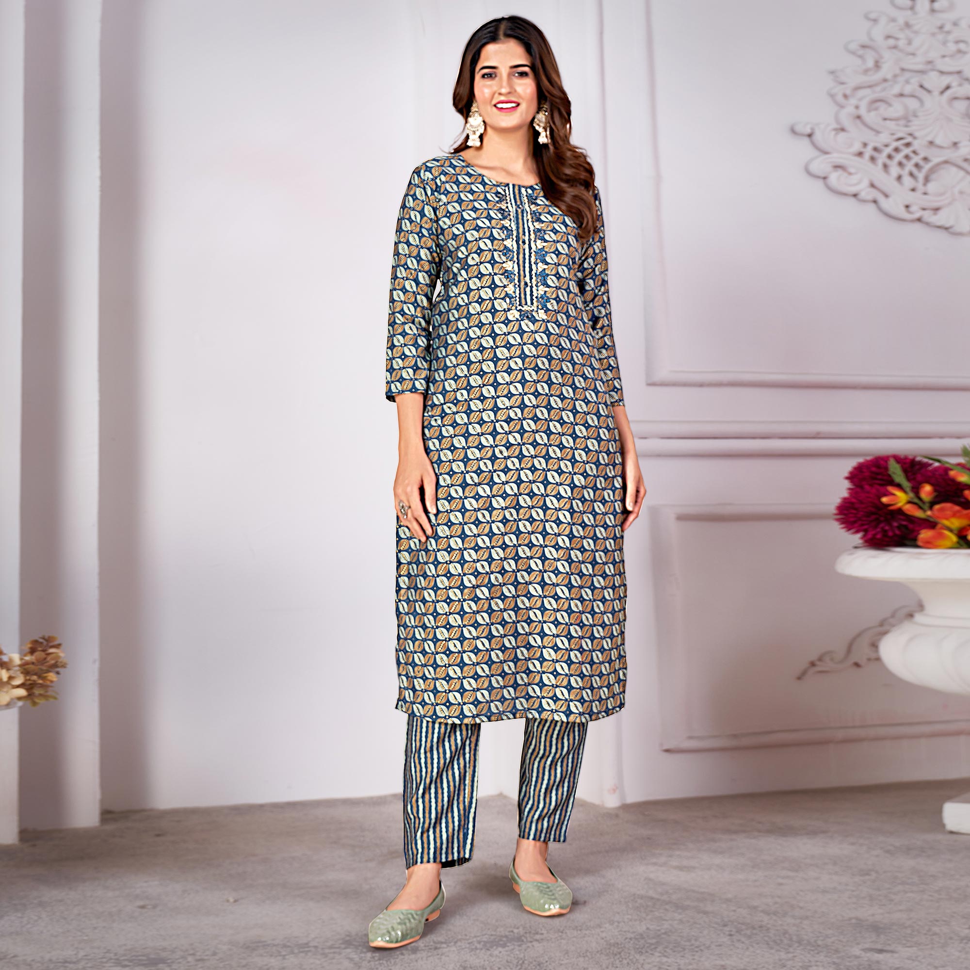 Morpich Blue Foil Printed Viscose Straight Kurti Sets