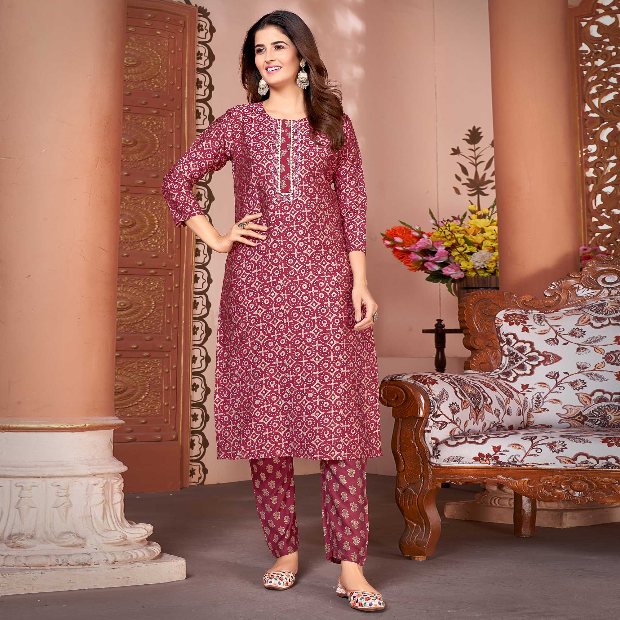 Magenta Foil Printed Viscose Straight Kurti Sets