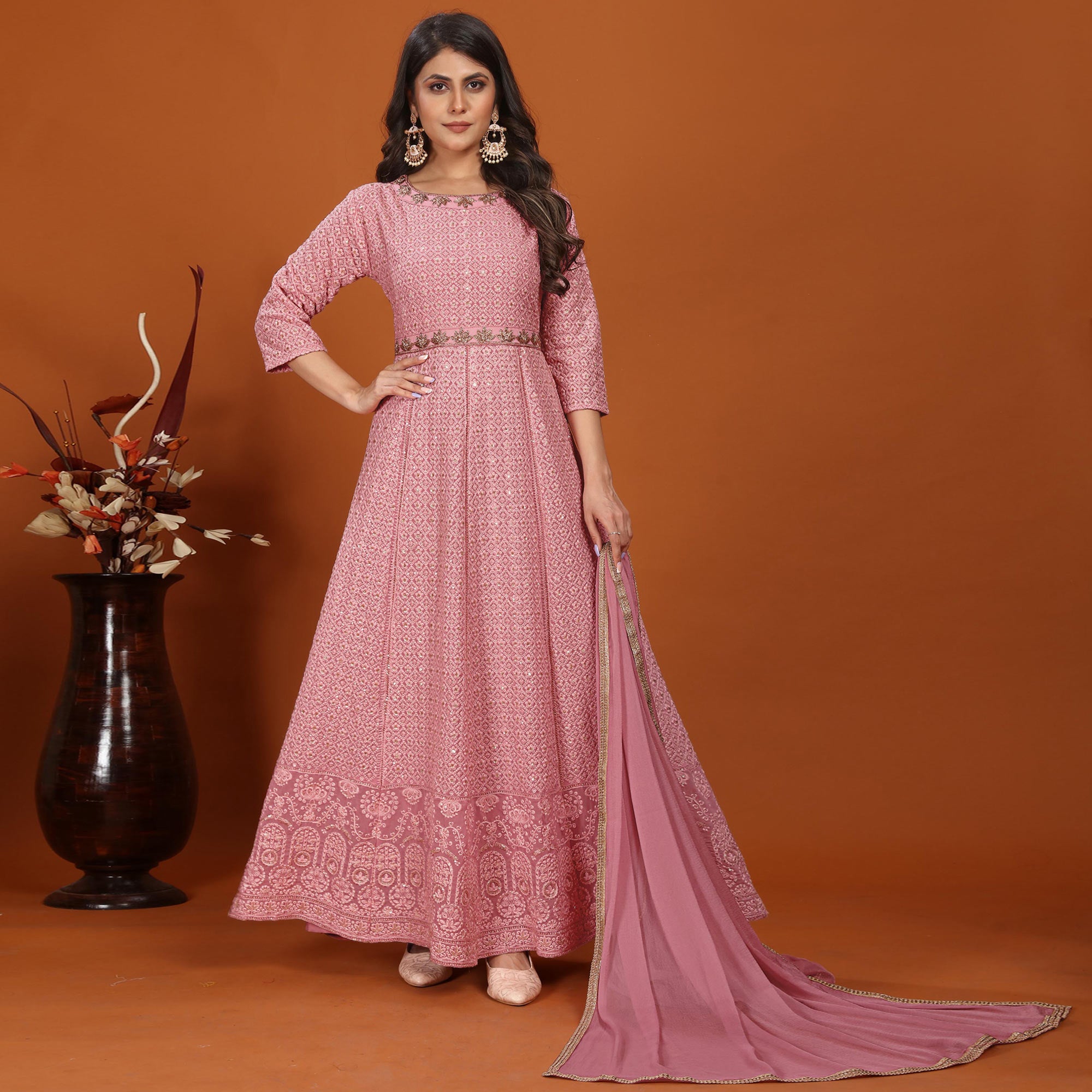 Pink Floral Sequins Embroidered Georgette Gown