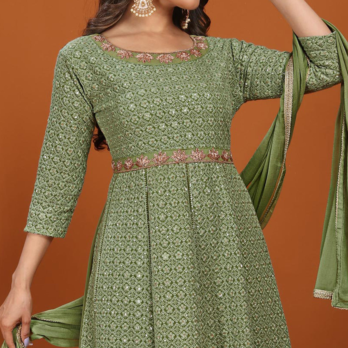 Green Floral Sequins Embroidered Georgette Gown