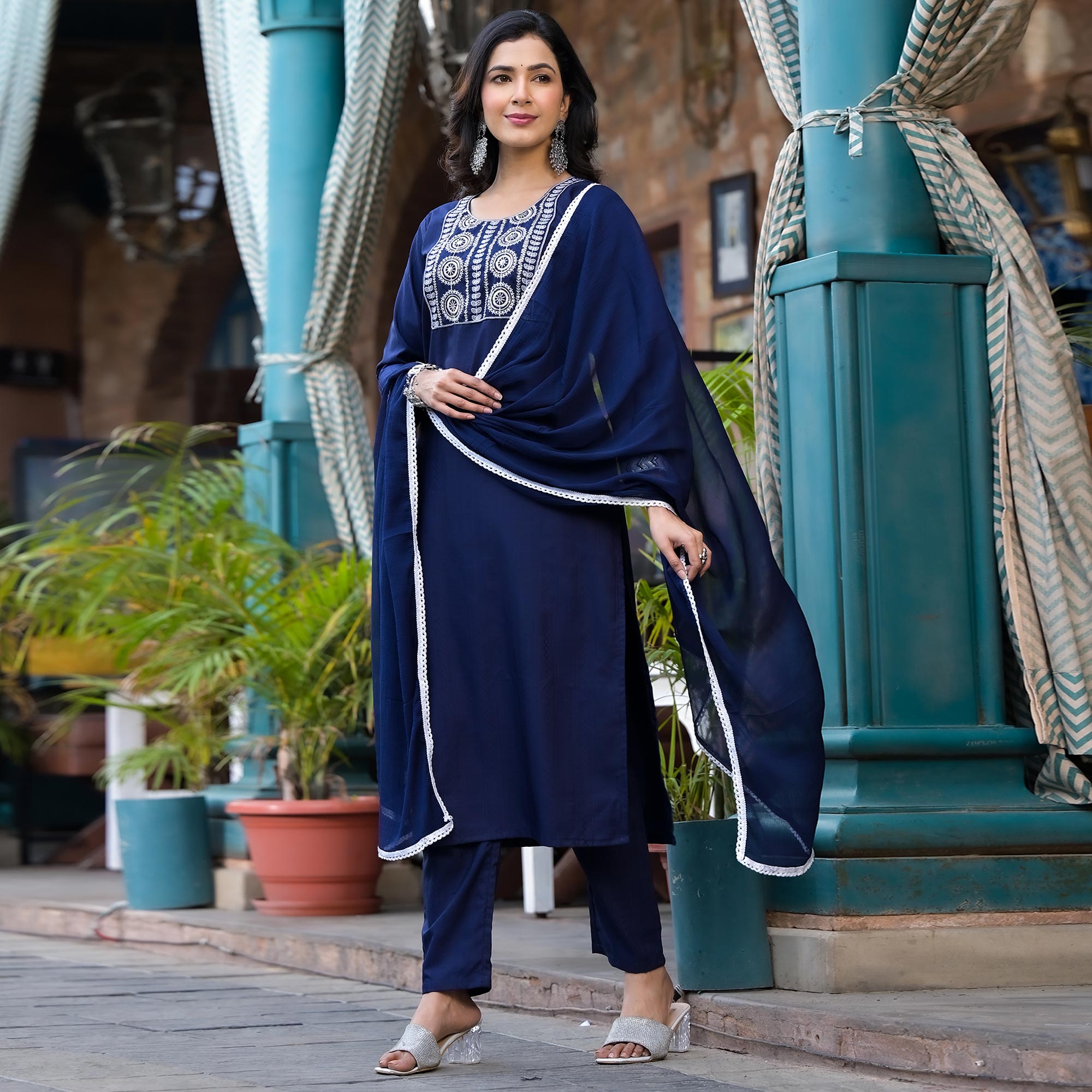 Navy Blue Embroidered Pure Cotton Straight Salwar Suit