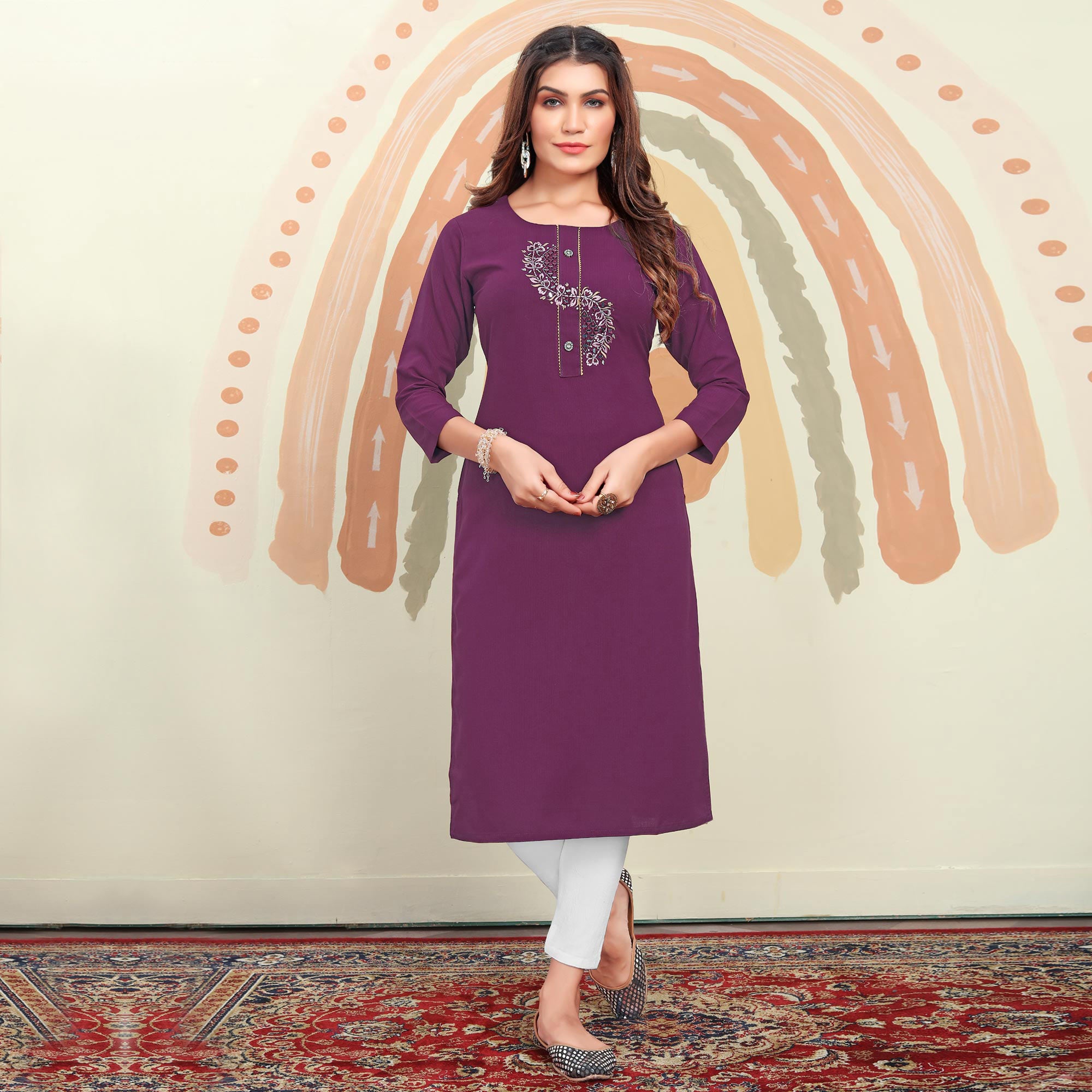 Purple Mirror Embroidered Cotton Blend Kurti