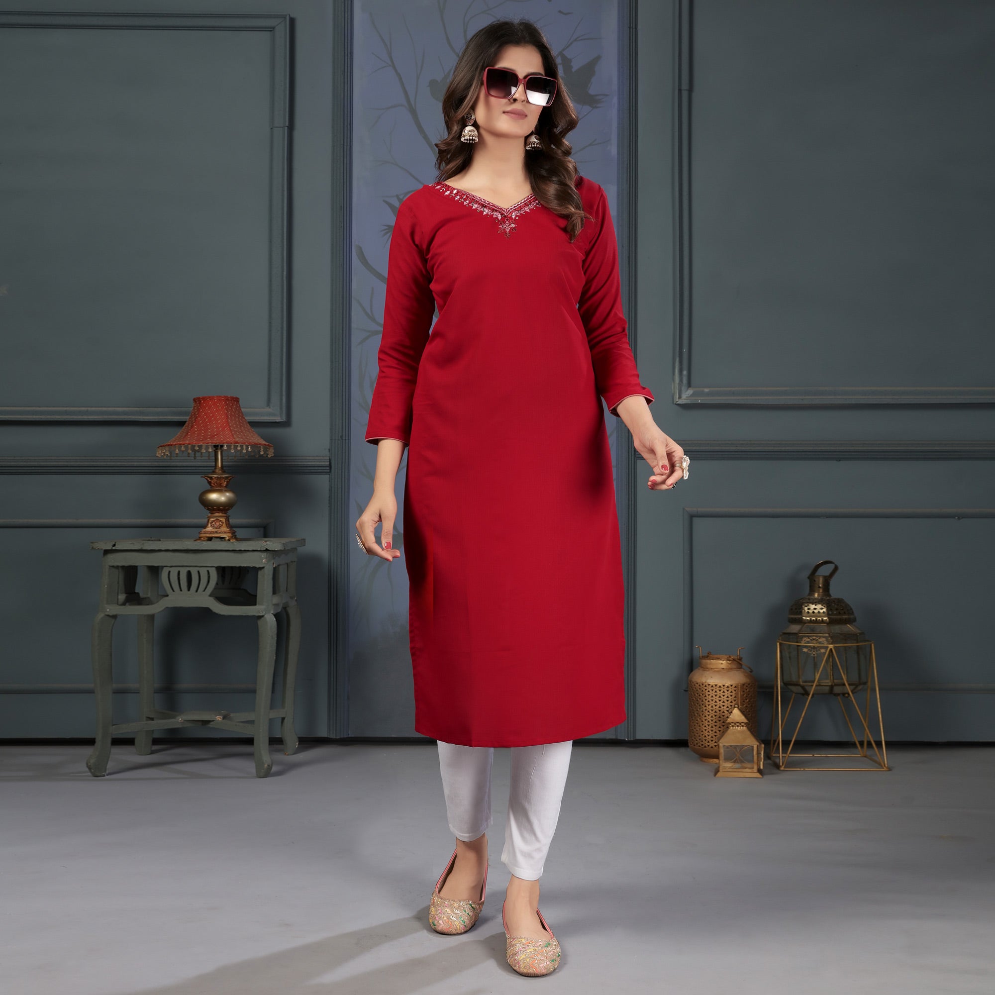 Red Solid With Mirror Embroidered Cotton Blend Kurti