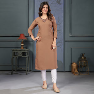 Brown Solid With Mirror Embroidered Cotton Blend Kurti