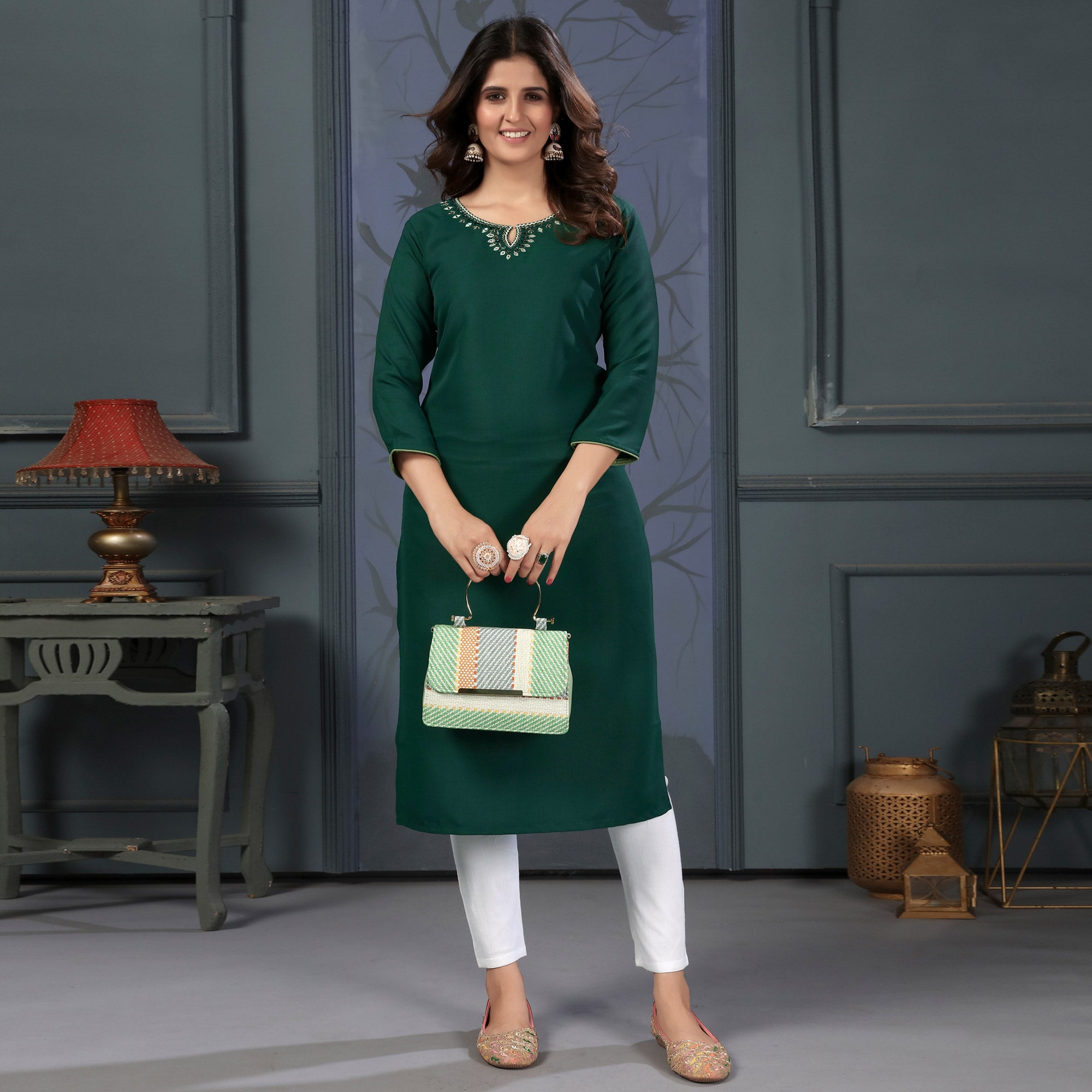 Green Solid With Mirror Embroidered Cotton Blend Kurti