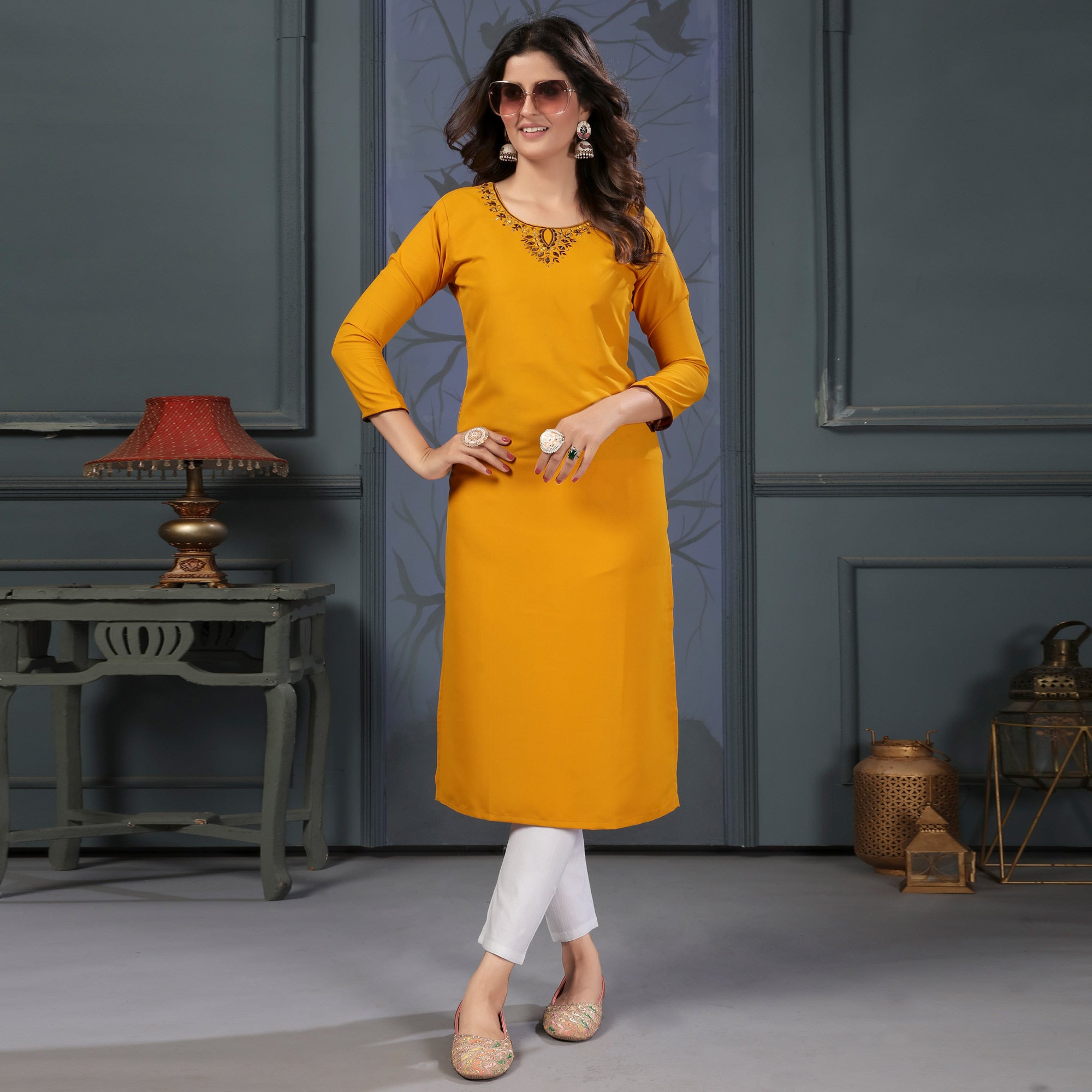 Mustard Solid With Mirror Embroidered Cotton Blend Kurti