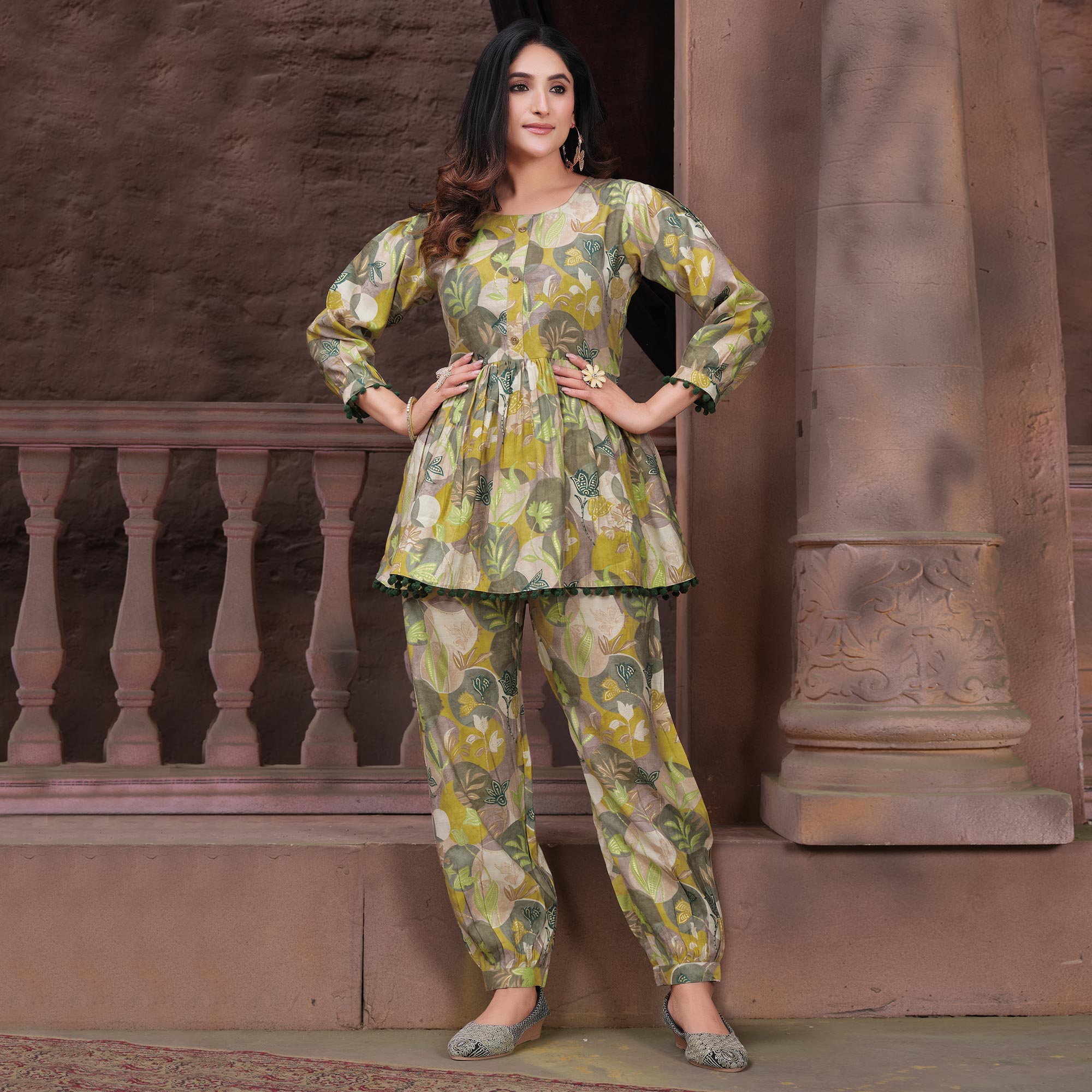 Green Floral Printed Chanderi Co Ord Set