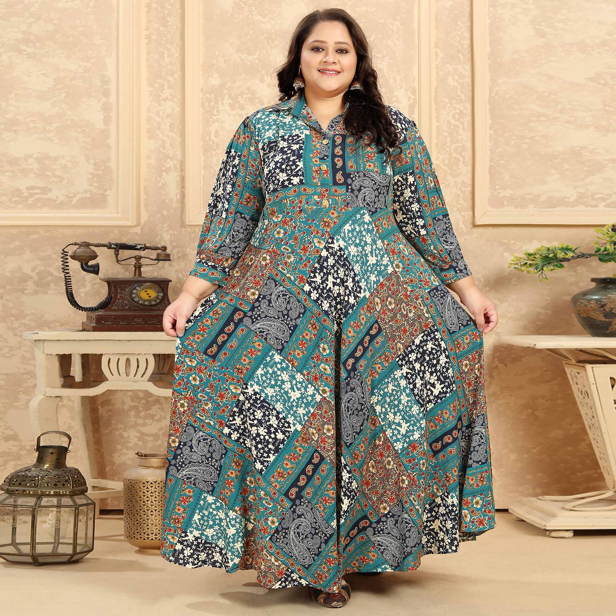 Rama Blue Floral Printed Rayon Long Kurti