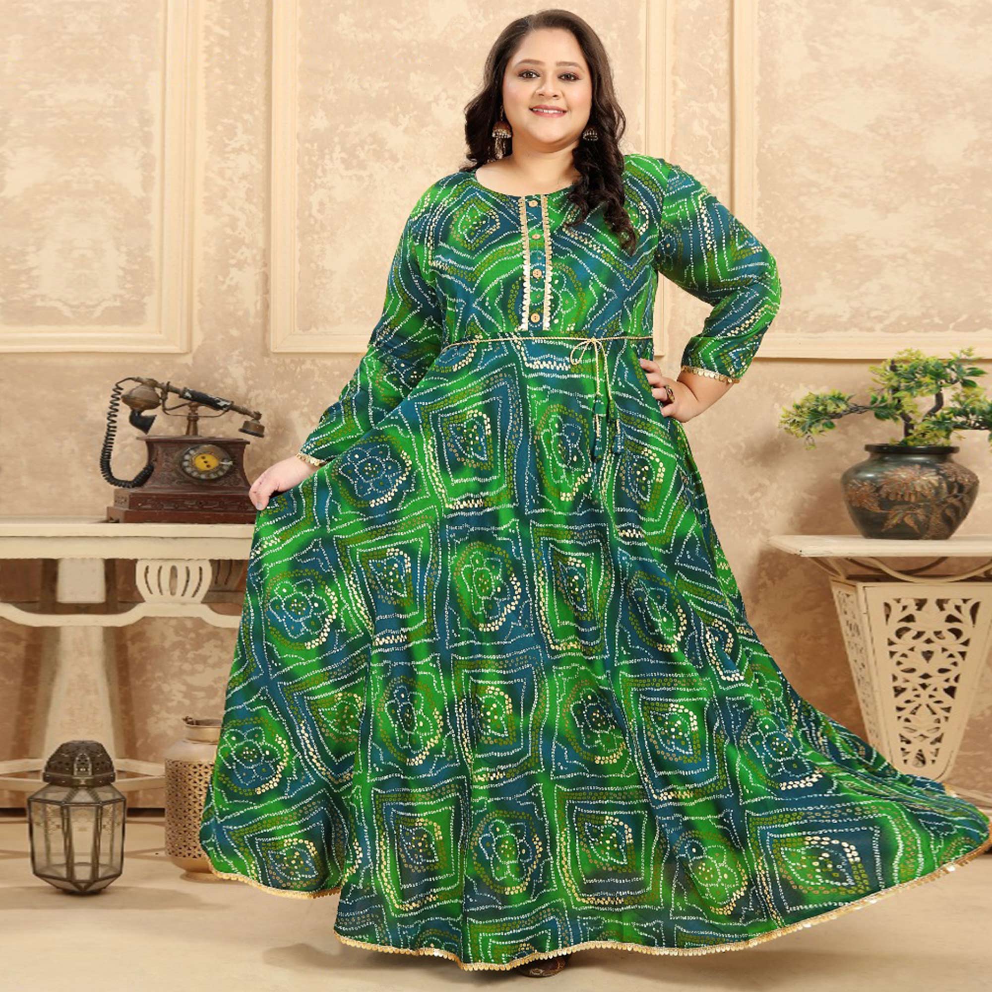 Green Bandhani Printed Rayon Long Kurti