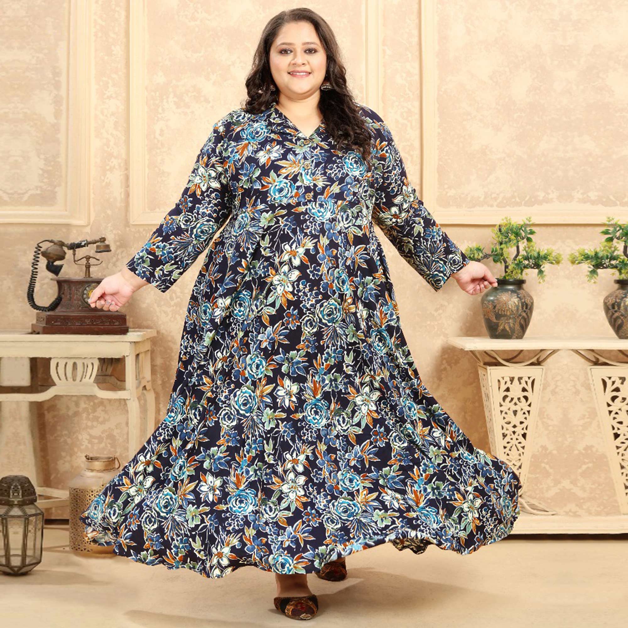 Blue Floral Printed Rayon Long Kurti