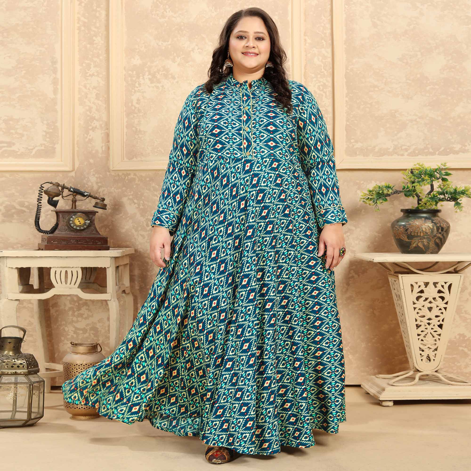 Green Printed Rayon Long Kurti