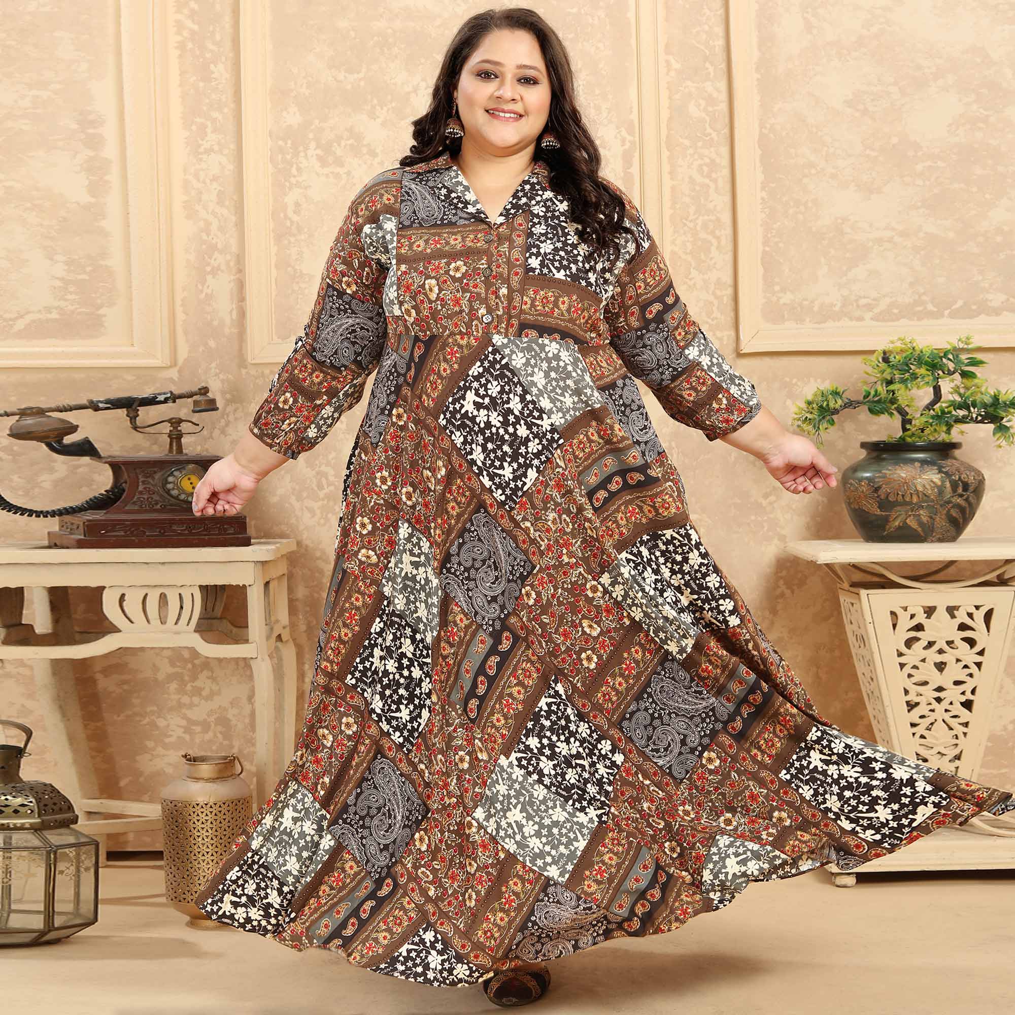 Brown Floral Printed Rayon Long Kurti