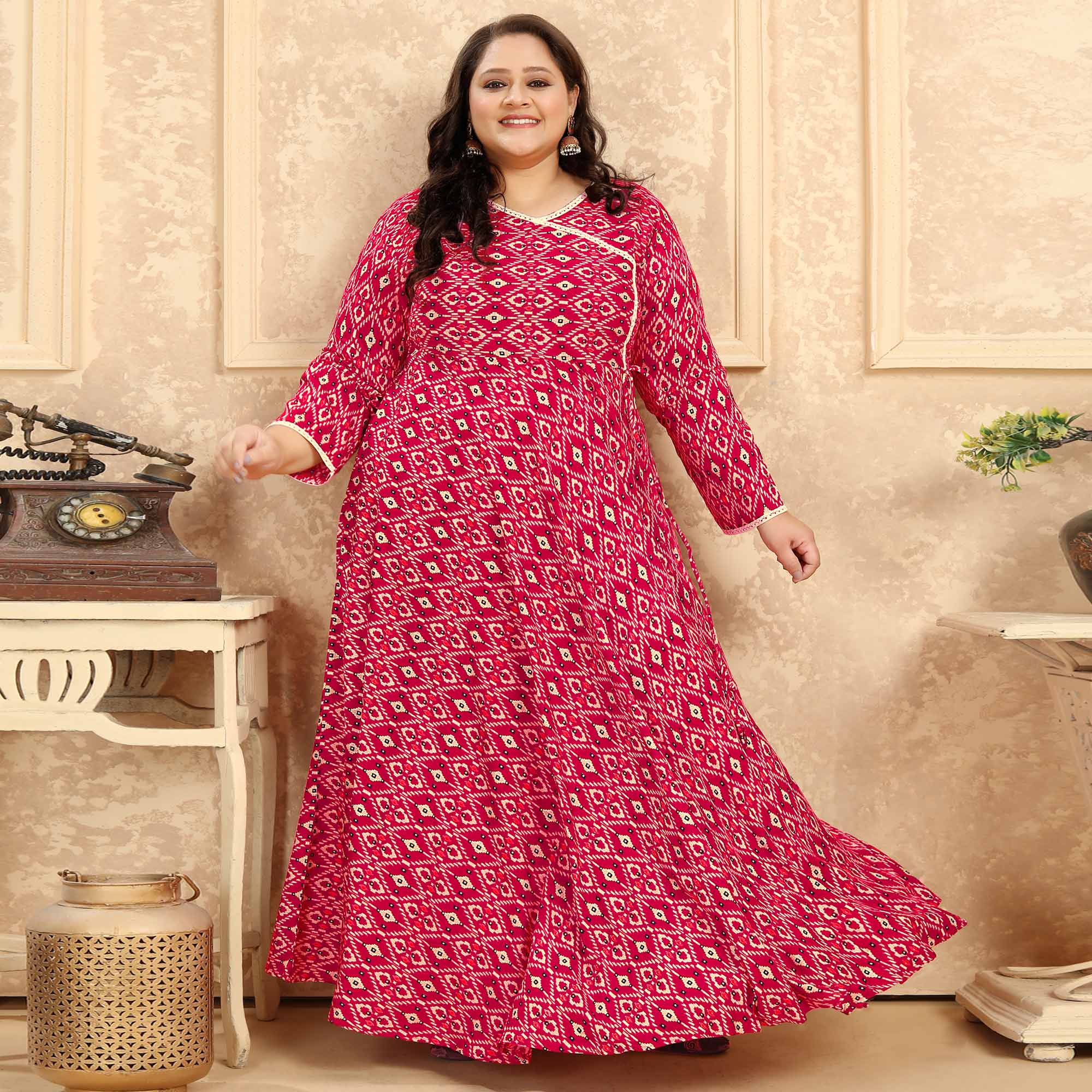 Pink Printed Rayon Long Kurti