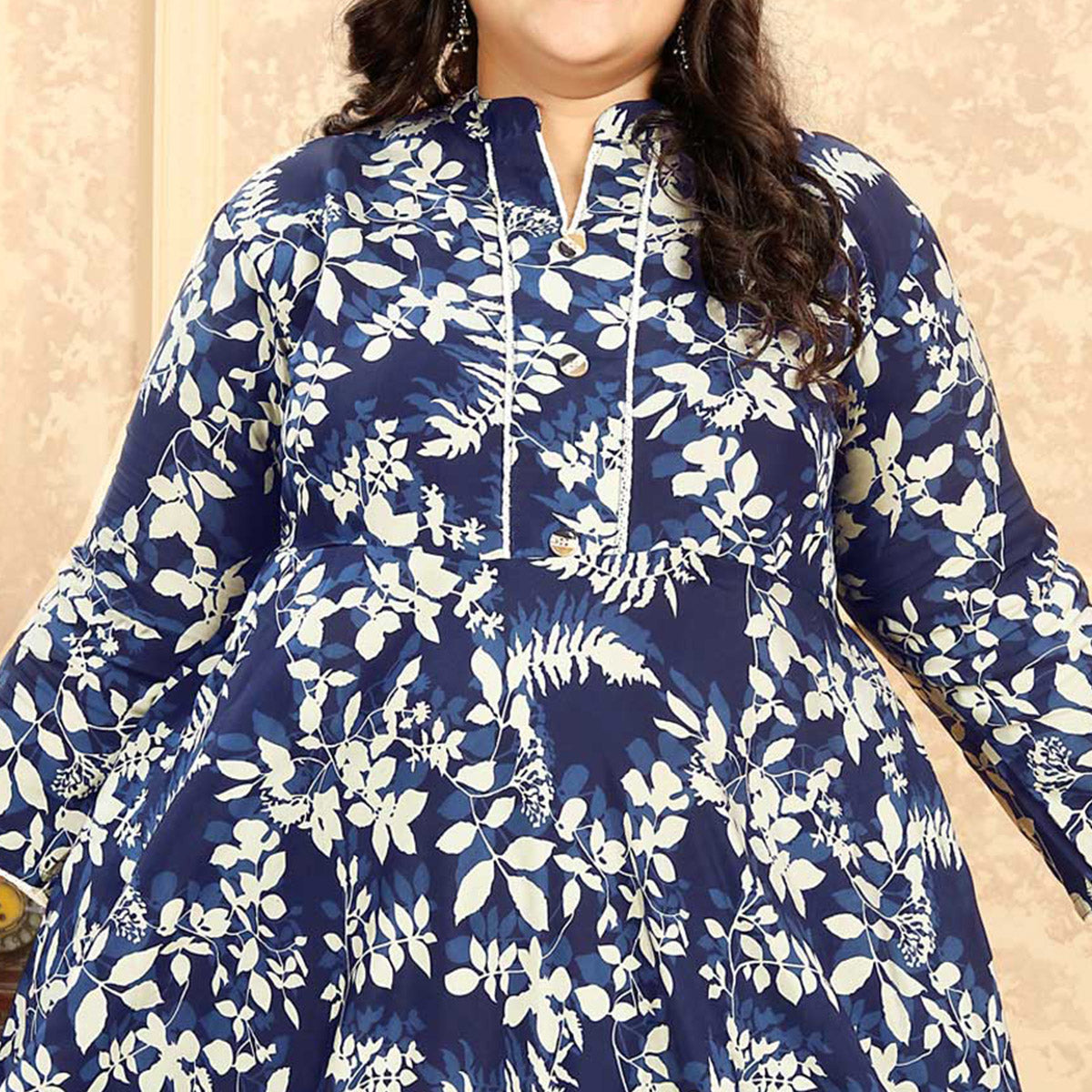 Blue Floral Printed Rayon Long Kurti