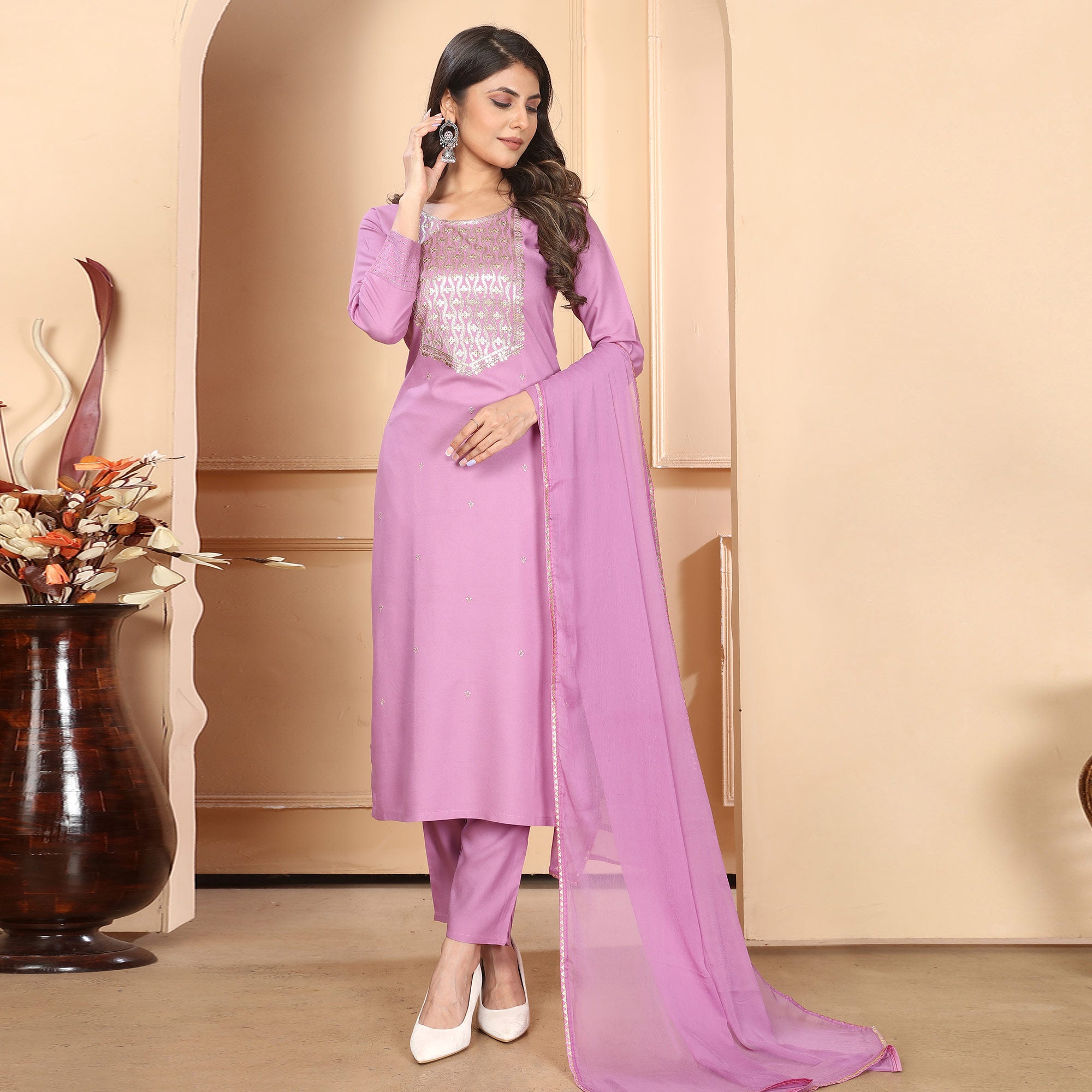 Pink Sequins Embroidered Rayon Straight Salwar Suit