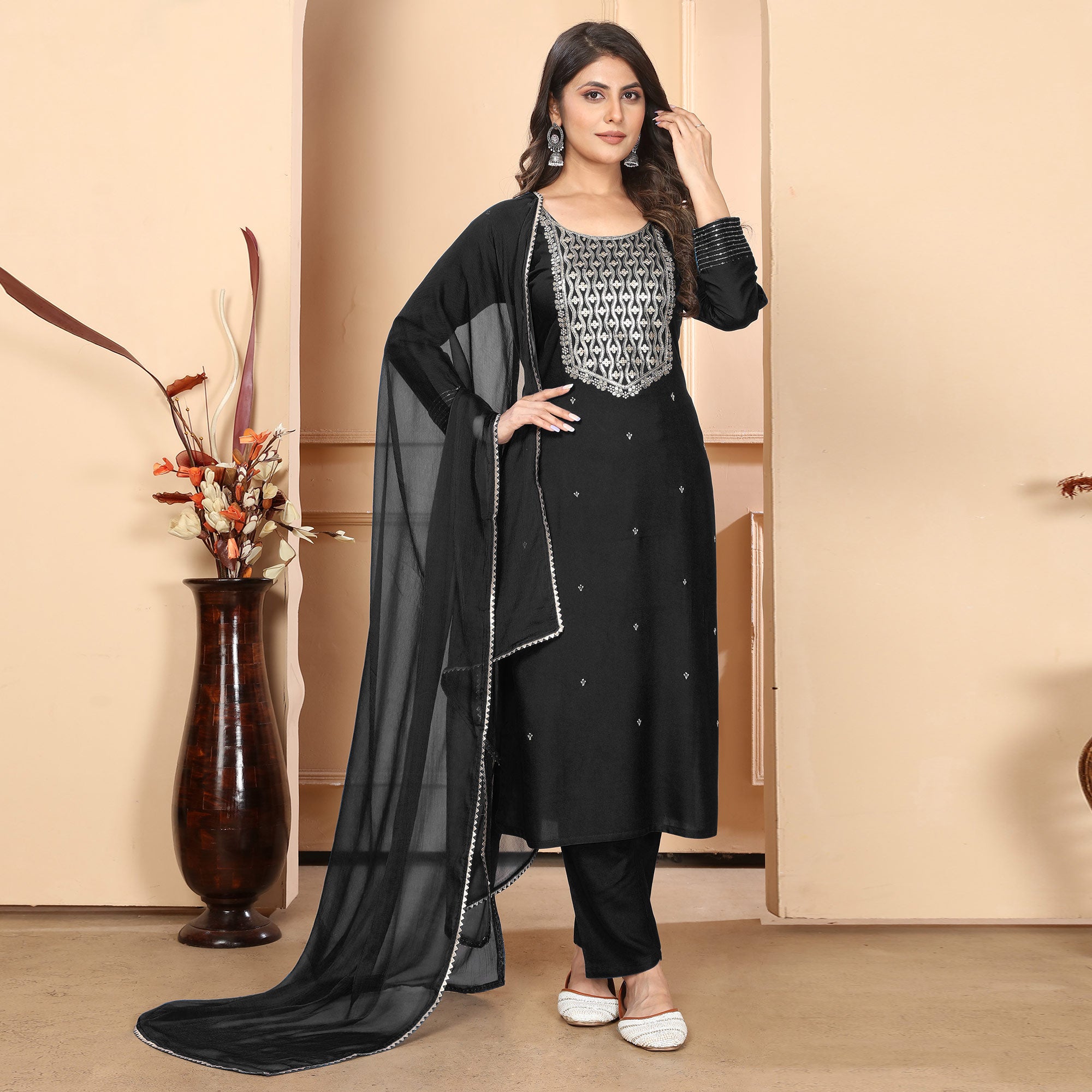 Black Sequins Embroidered Rayon Straight Salwar Suit