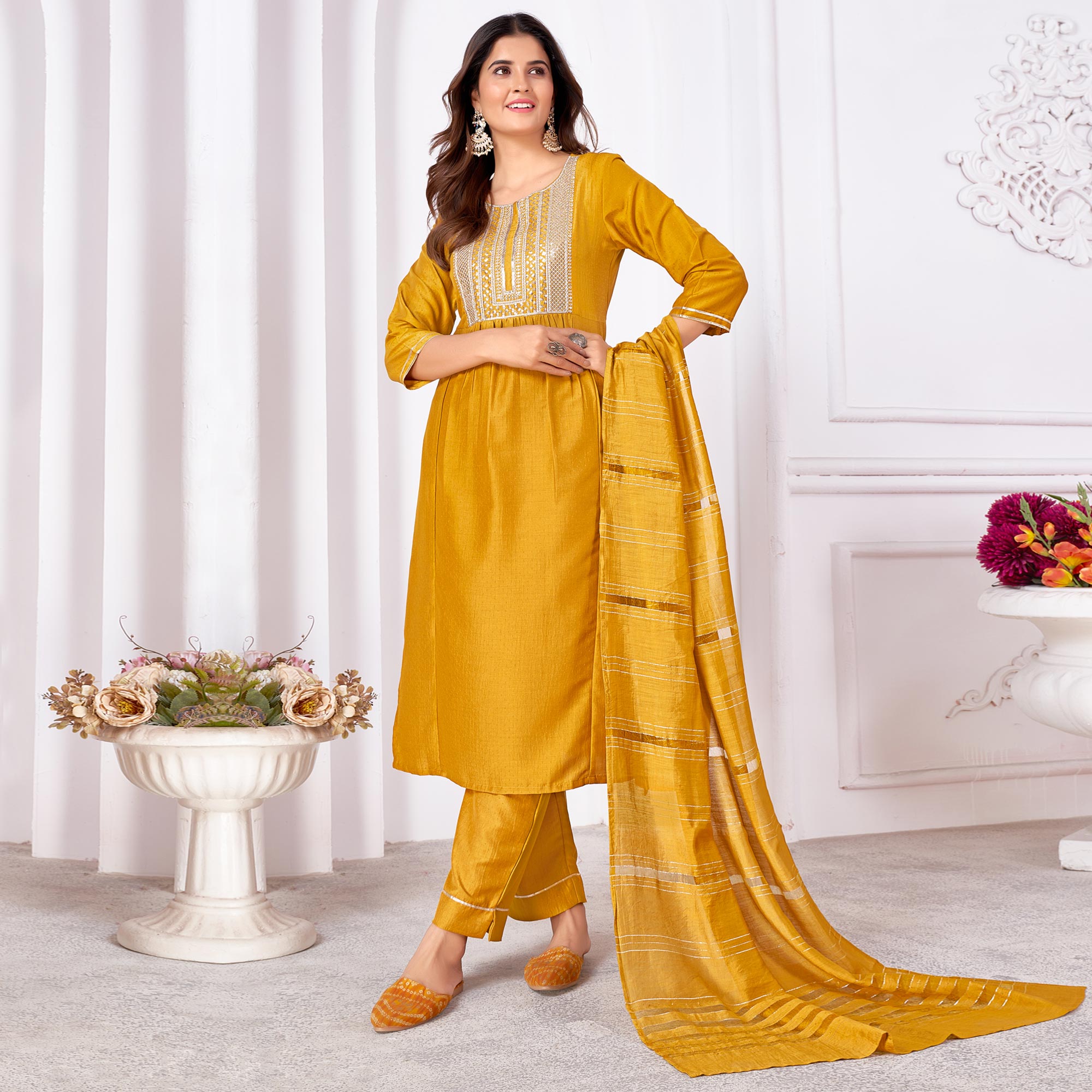 Mustard Embroidered Art Silk Salwar Suit